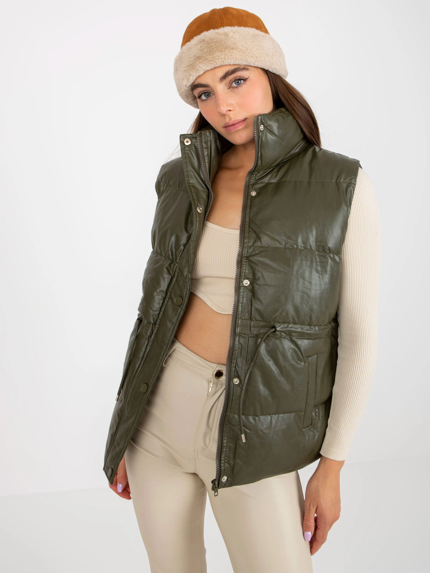 Vesta Dama Fara maneci, Guler inalt, ELSA.M BY MAY, Khaki Eleganta Office - imagine 2