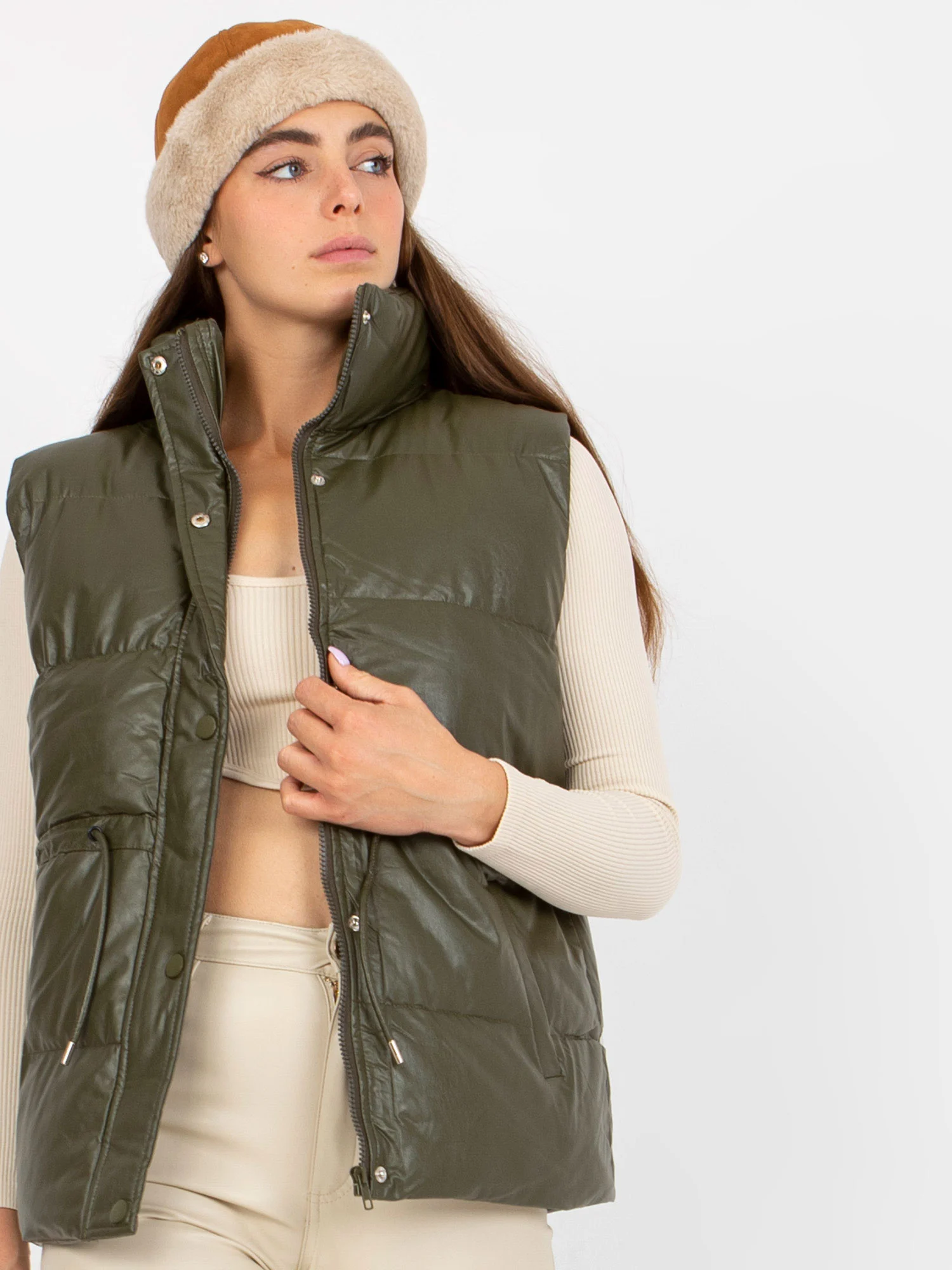 Vesta Dama Fara maneci, Guler inalt, ELSA.M BY MAY, Khaki Eleganta Office - imagine 5