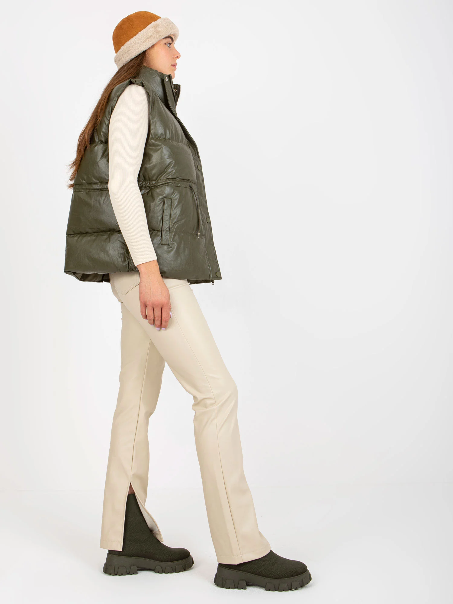 Vesta Dama Fara maneci, Guler inalt, ELSA.M BY MAY, Khaki Eleganta Office - imagine 4