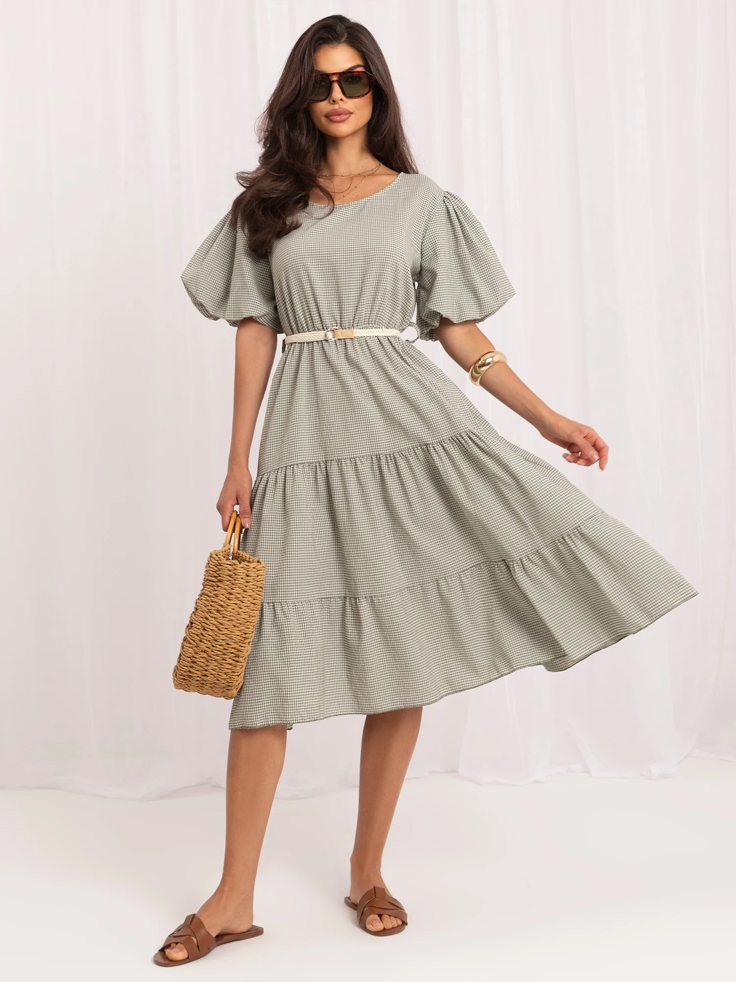Rochie Dama Midi, Carouri, ITALY MODA, Khaki de Vara - imagine 2
