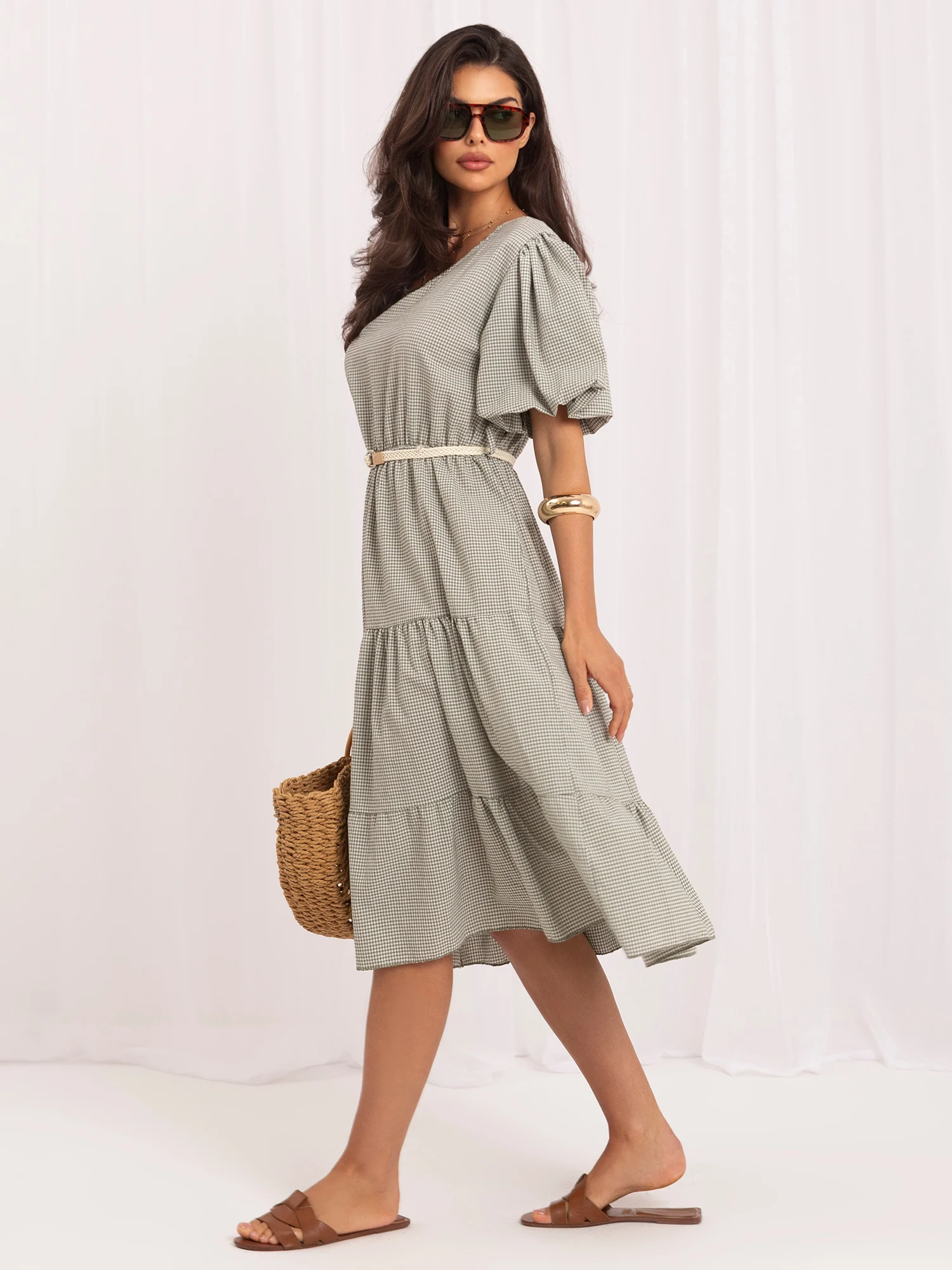 Rochie Dama Midi, Carouri, ITALY MODA, Khaki de Vara - imagine 4
