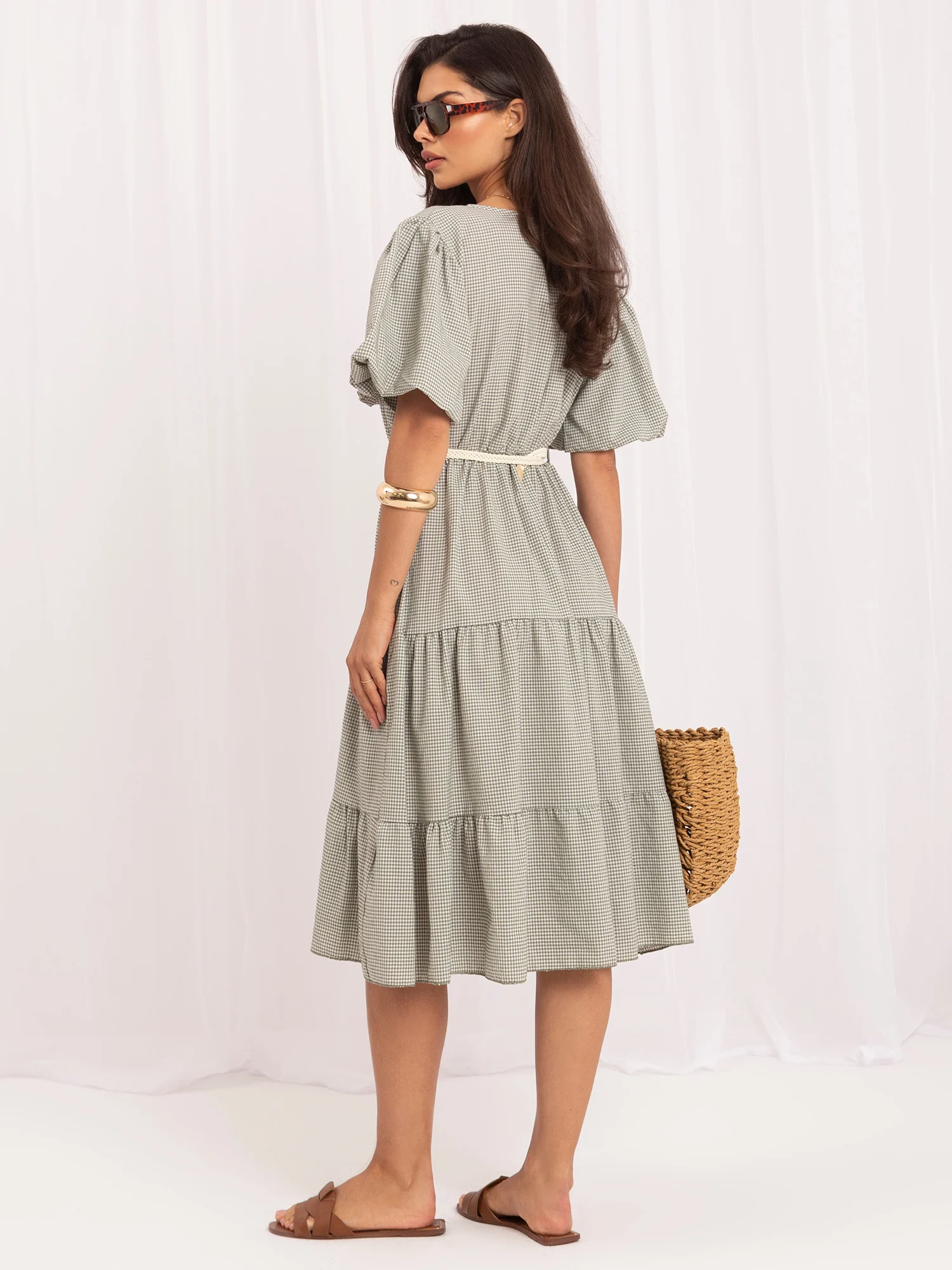Rochie Dama Midi, Carouri, ITALY MODA, Khaki de Vara - imagine 6