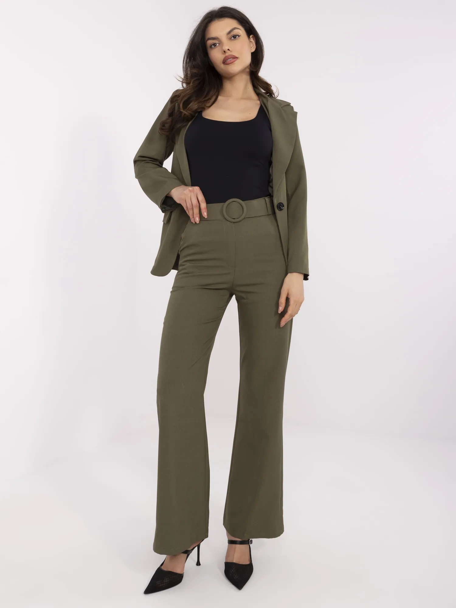 Pantaloni Dama Lejera, Guler inalt, ITALY MODA, Khaki Eleganta Office Marimi Mari - imagine 4