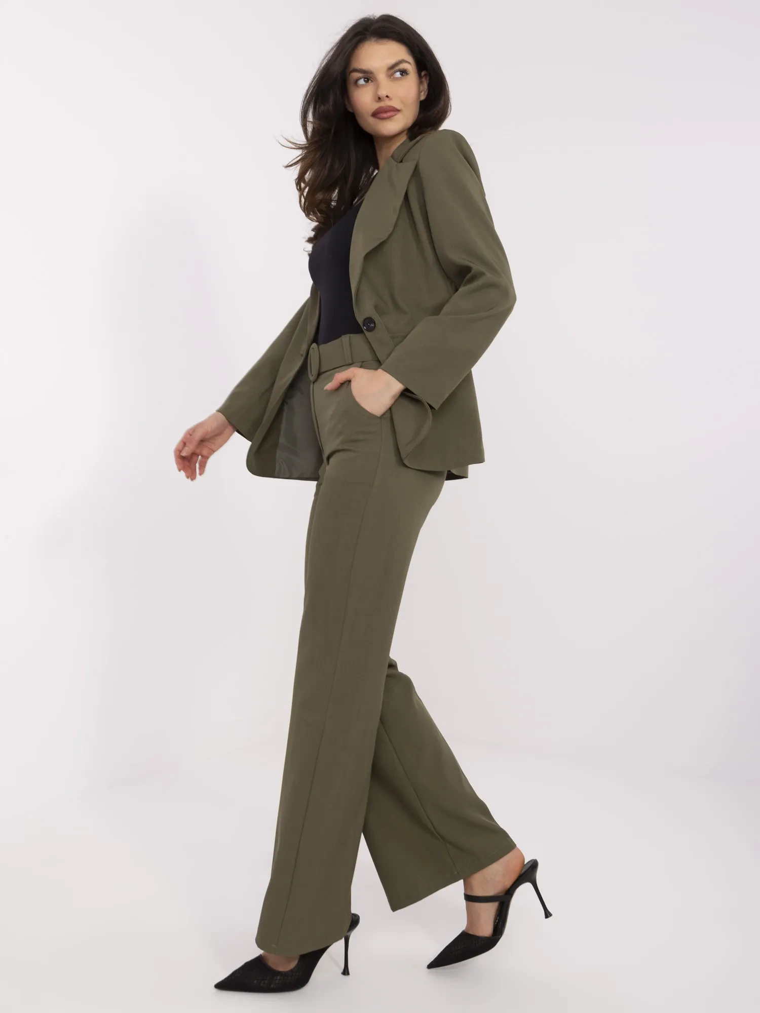 Pantaloni Dama Lejera, Guler inalt, ITALY MODA, Khaki Eleganta Office Marimi Mari - imagine 2