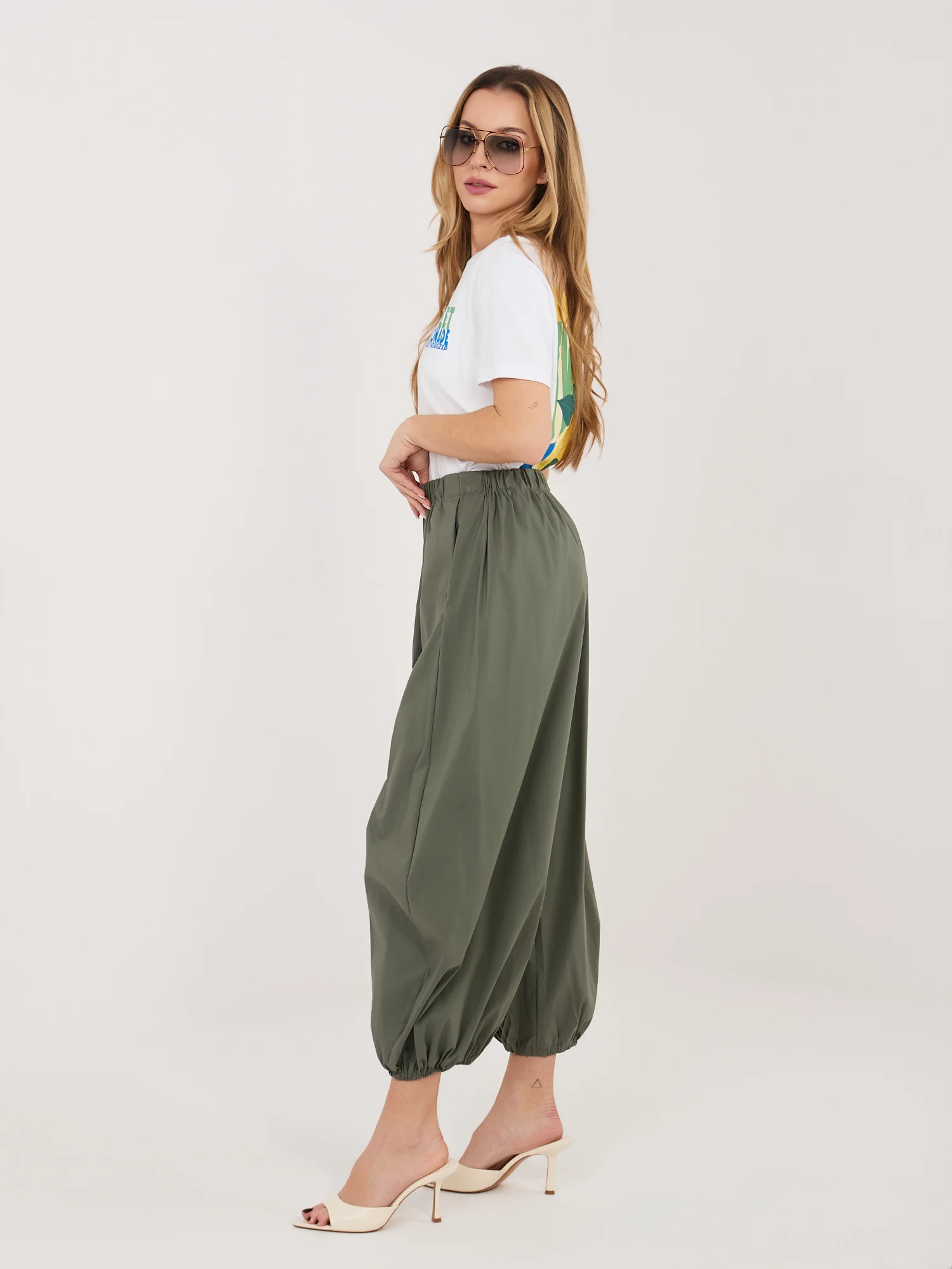 Pantaloni Dama 7/8, Mansete elastice, RUE PARIS, Khaki Casual - imagine 5