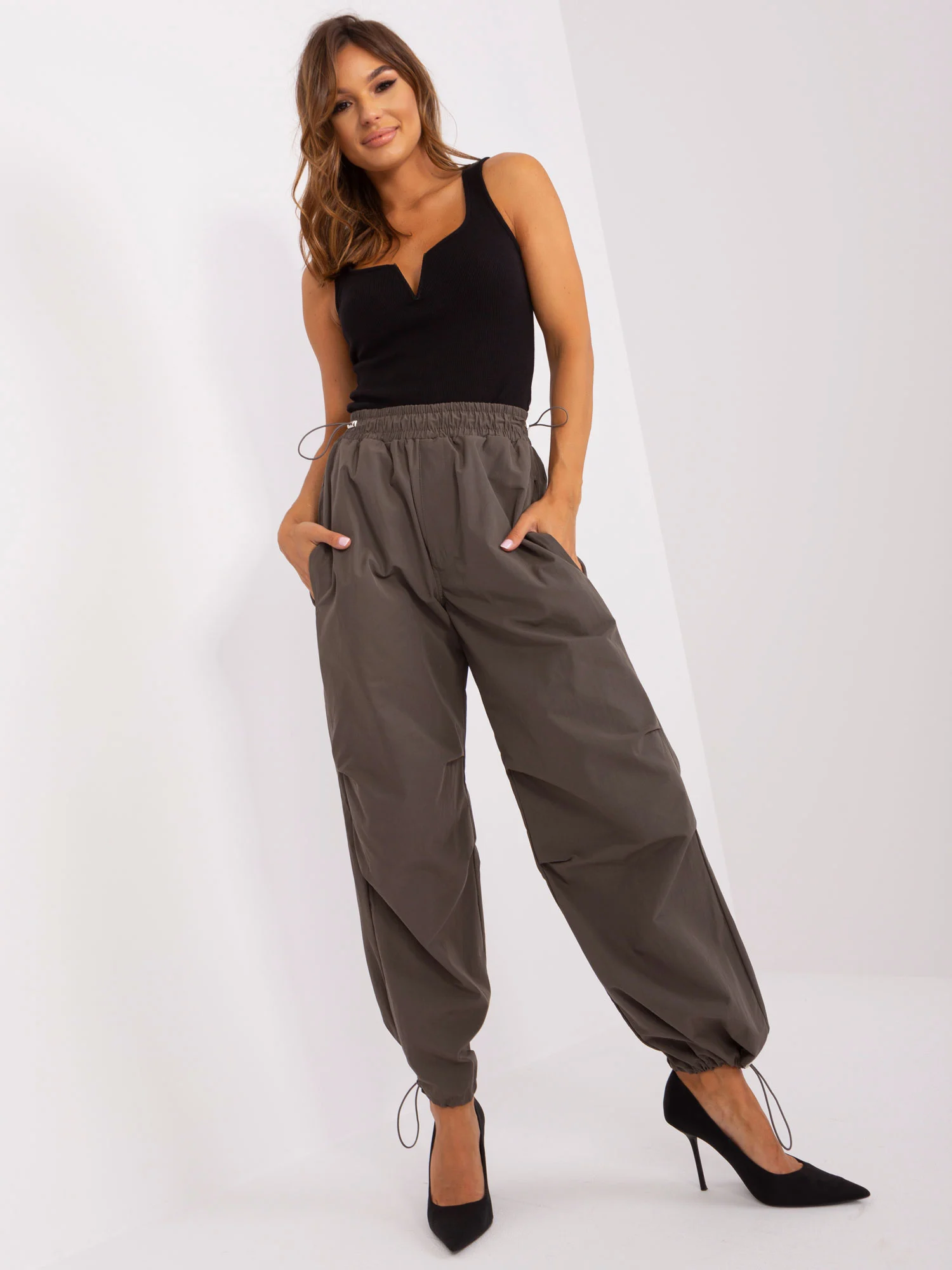 Pantaloni Dama Mansete elastice, Guler inalt, Och Bella, Khaki Casual - imagine 2