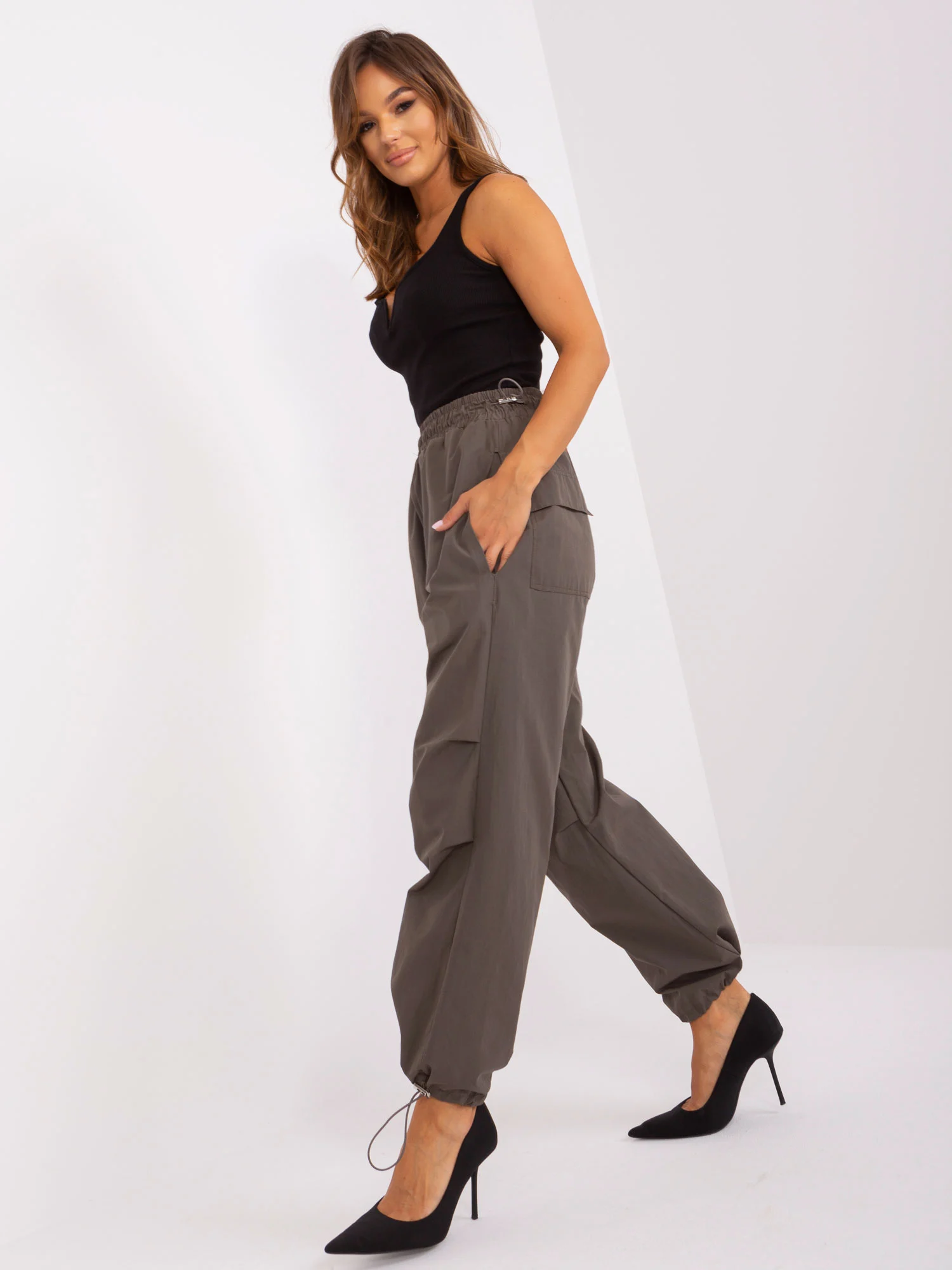 Pantaloni Dama Mansete elastice, Guler inalt, Och Bella, Khaki Casual - imagine 4