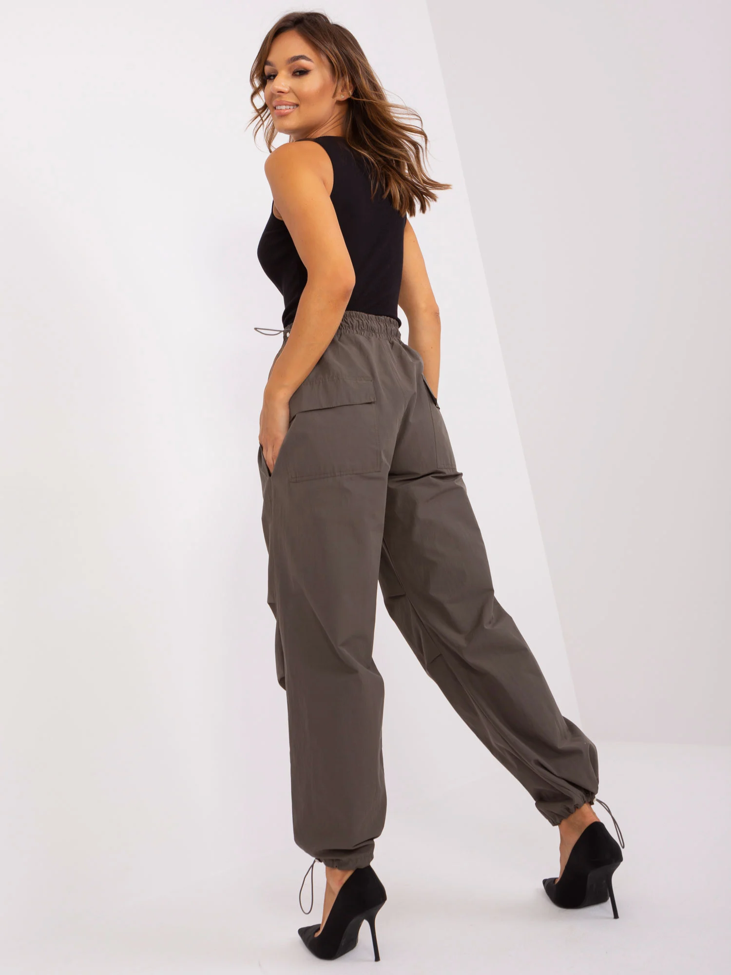 Pantaloni Dama Mansete elastice, Guler inalt, Och Bella, Khaki Casual - imagine 5