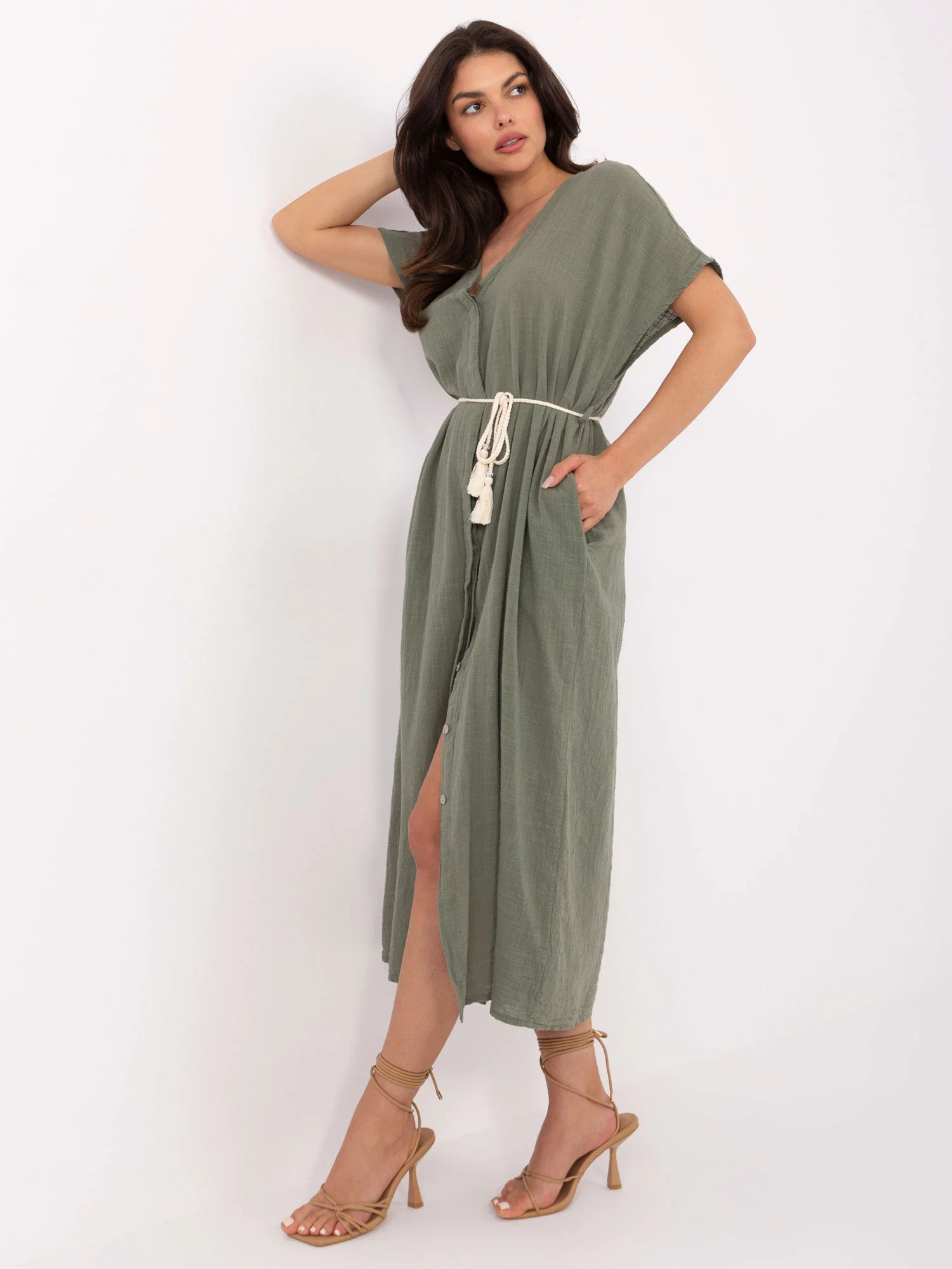Rochie Dama Midi, Oversize, Och Bella, Khaki de Vara - Image 5