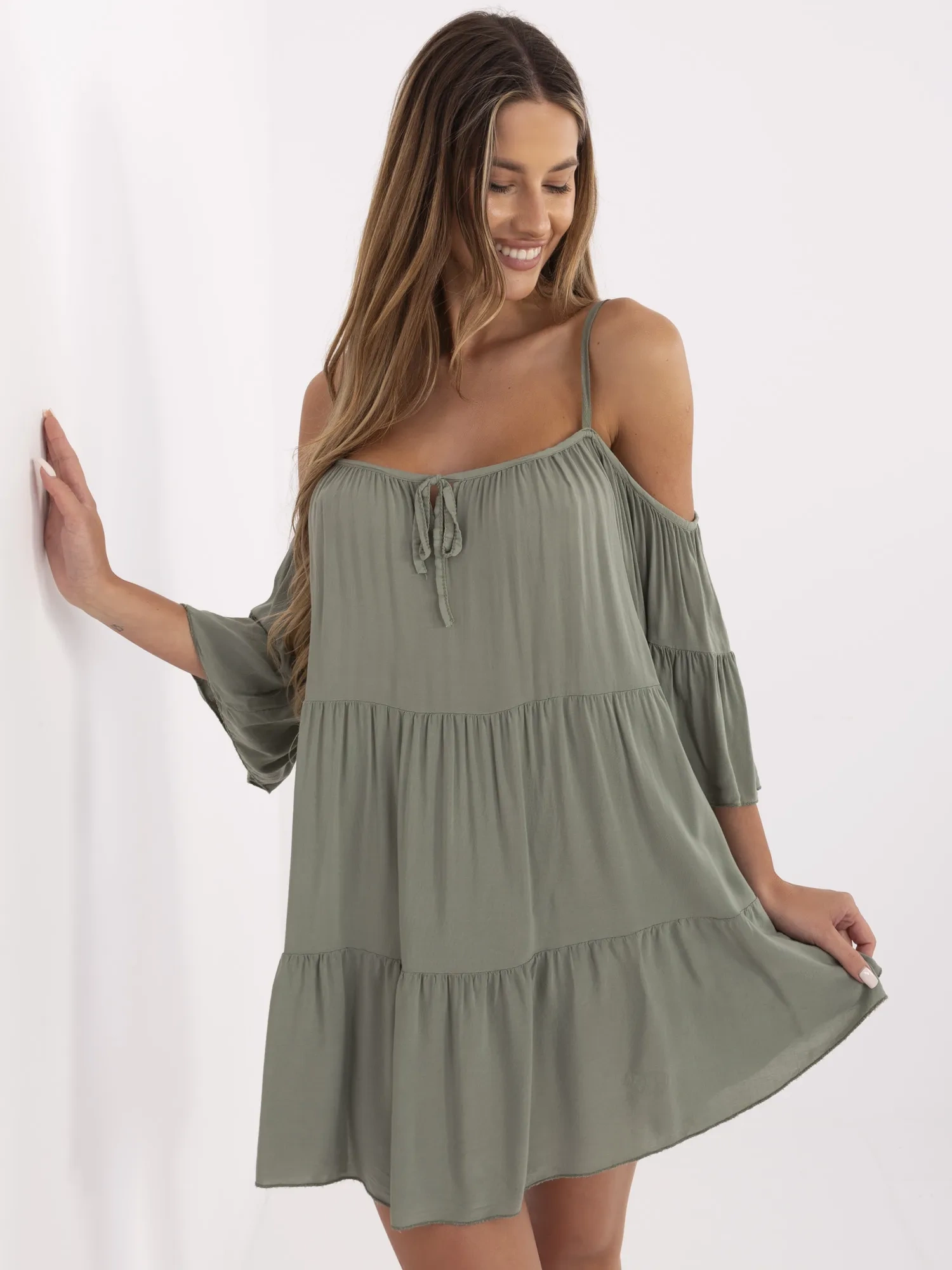 Rochie Dama Mini, Rochie asimetrica, Och Bella, Khaki de Vara - imagine 2
