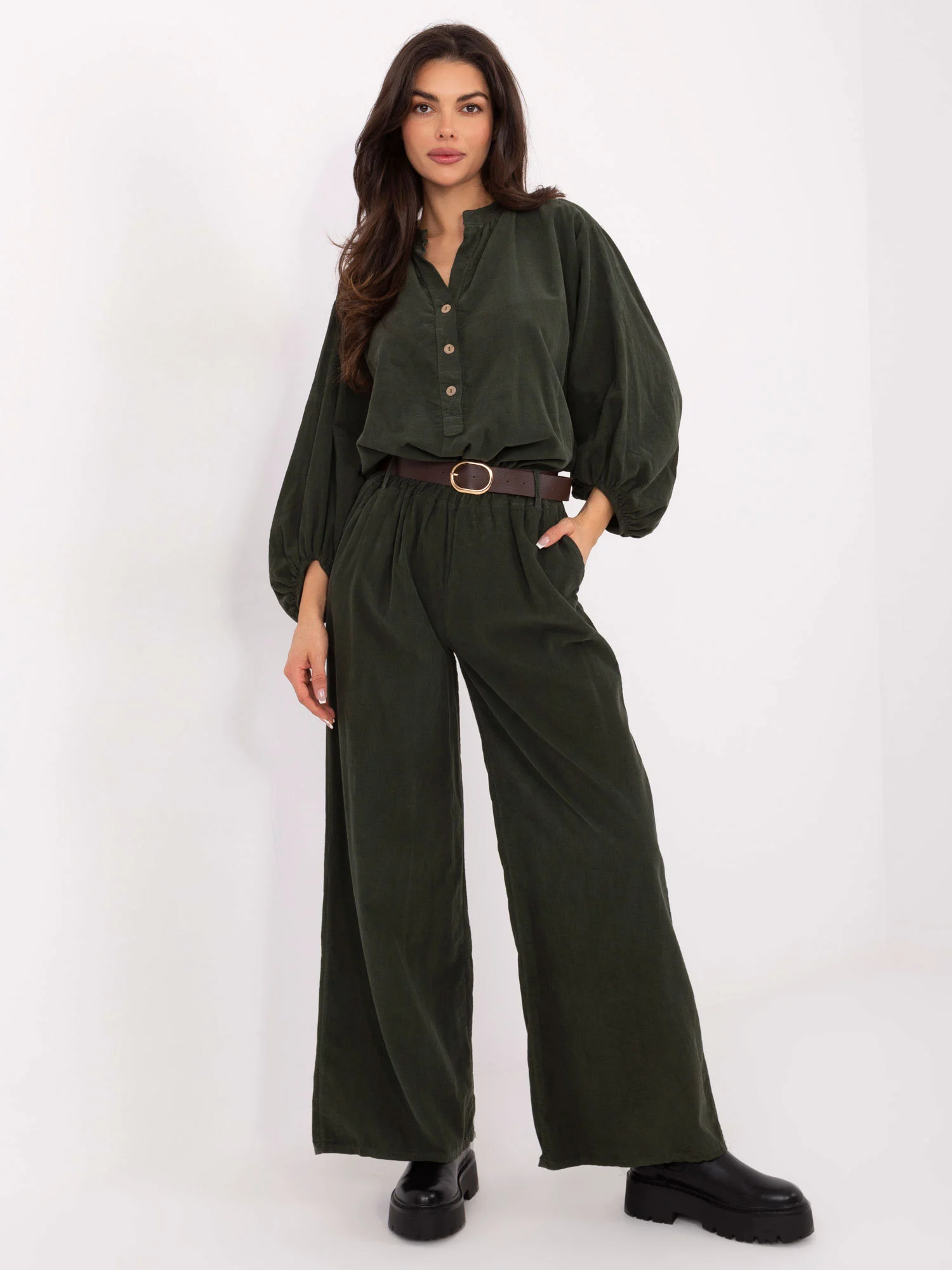 Camasa Dama Maneca lunga, Decolteu in V, ITALY MODA, Khaki Casual - imagine 2