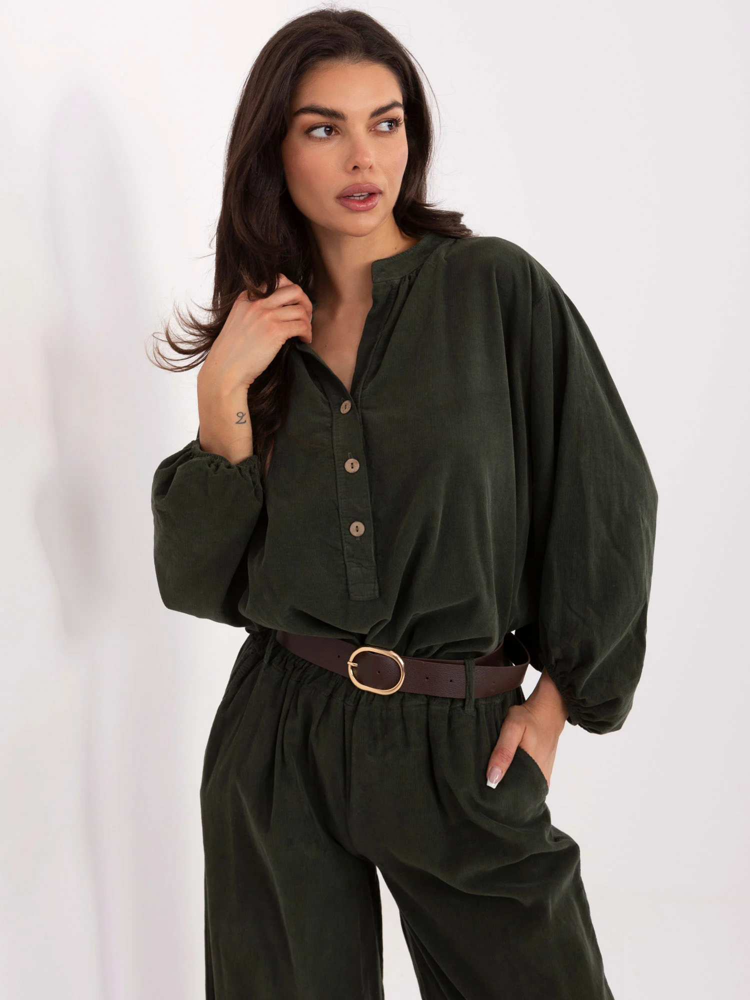 Camasa Dama Maneca lunga, Decolteu in V, ITALY MODA, Khaki Casual - imagine 5