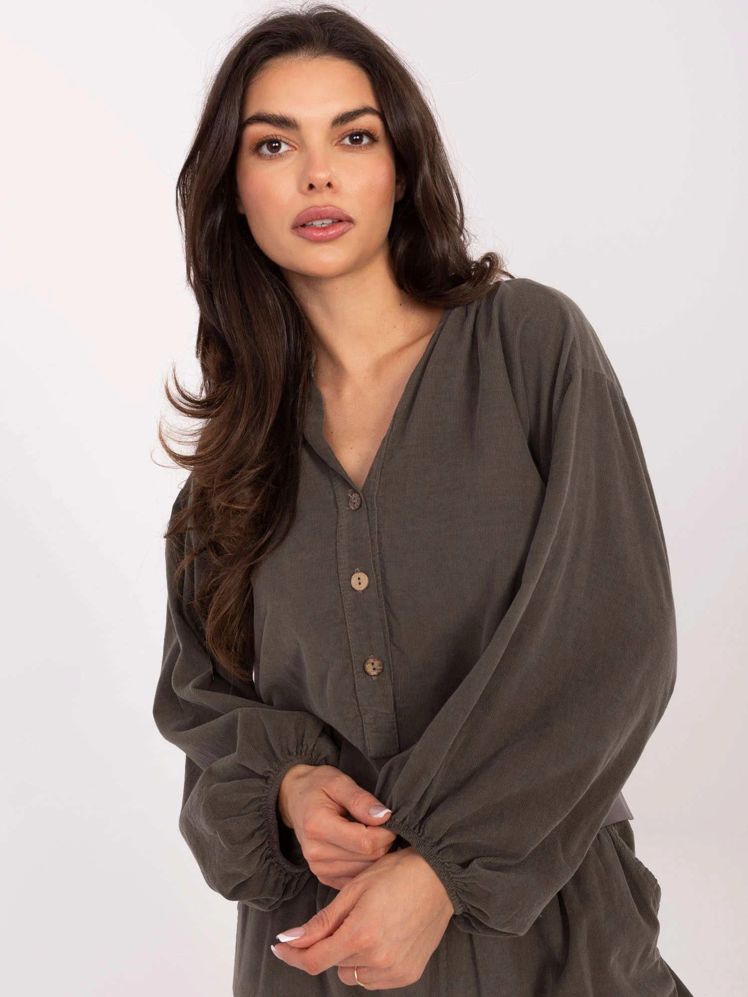 Camasa Dama Maneca lunga, Decolteu in V, ITALY MODA, Khaki Casual - imagine 6