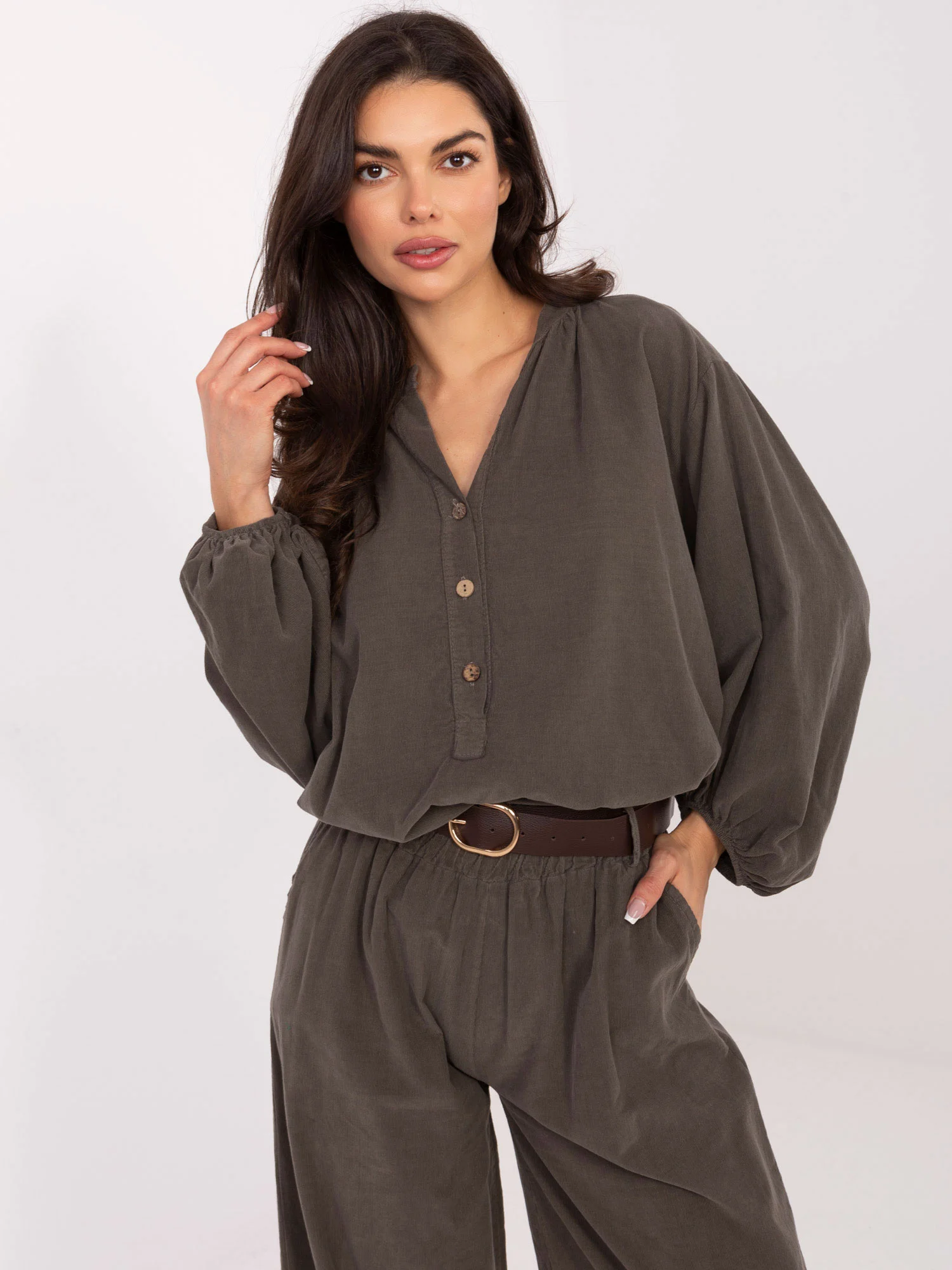 Camasa Dama Maneca lunga, Decolteu in V, ITALY MODA, Khaki Casual - imagine 5