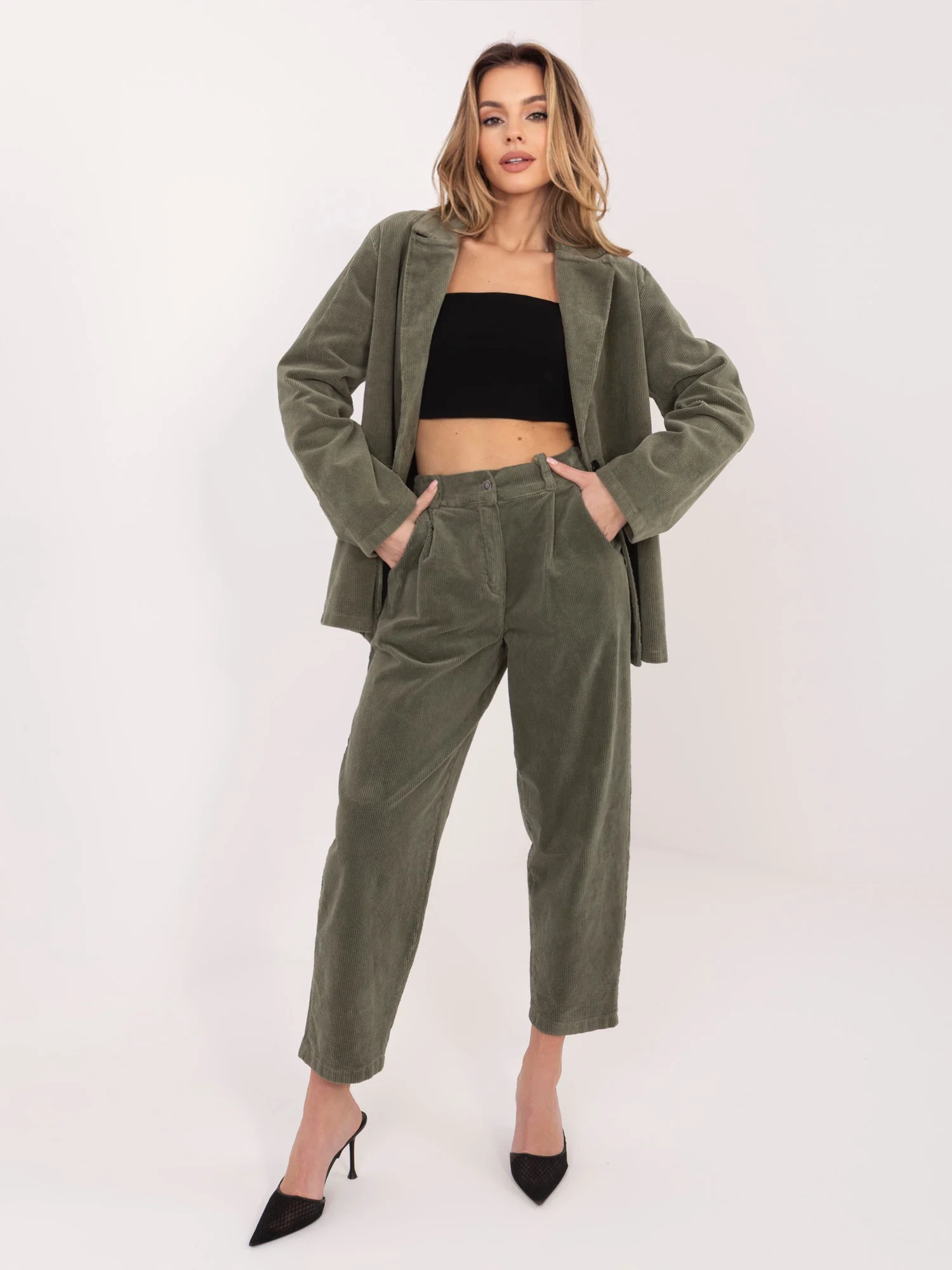 Pantaloni Dama Conica, Guler inalt, RUE PARIS, Khaki Casual - imagine 5