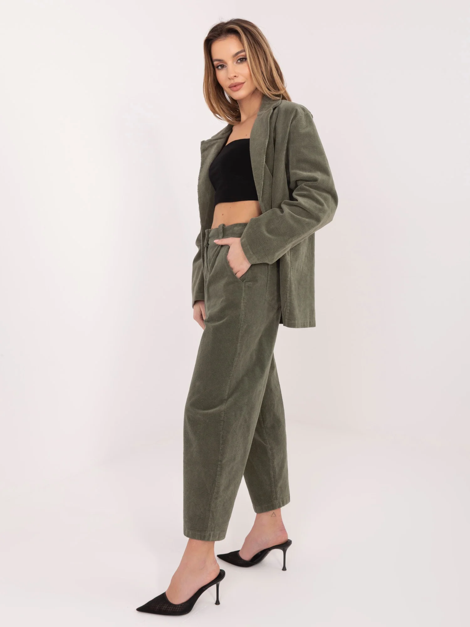 Pantaloni Dama Conica, Guler inalt, RUE PARIS, Khaki Casual - imagine 2