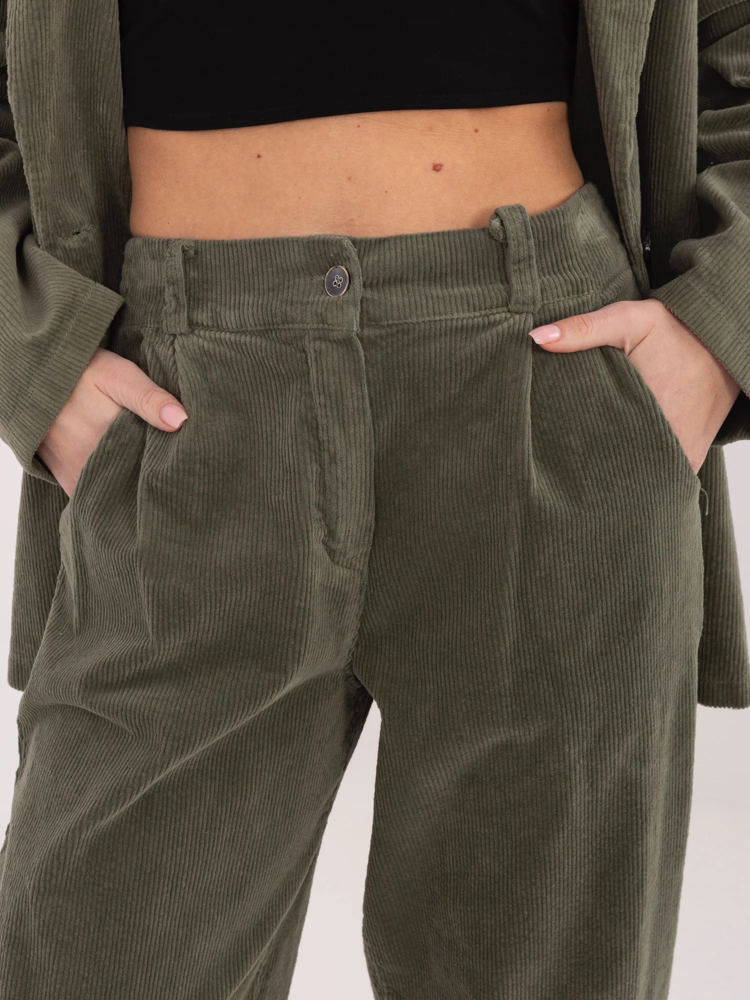 Pantaloni Dama Conica, Guler inalt, RUE PARIS, Khaki Casual - imagine 3