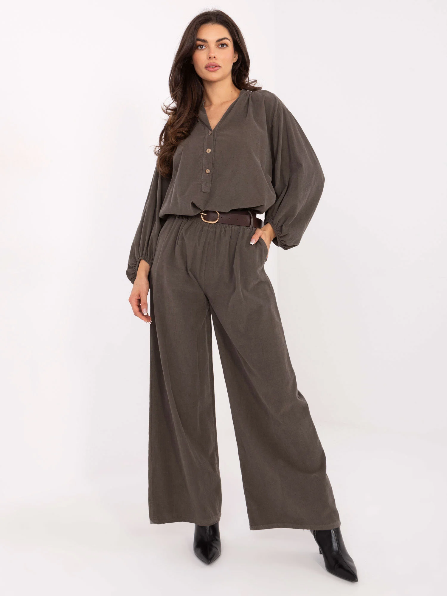 Pantaloni Dama Larga, Guler inalt, ITALY MODA, Khaki Casual - imagine 3