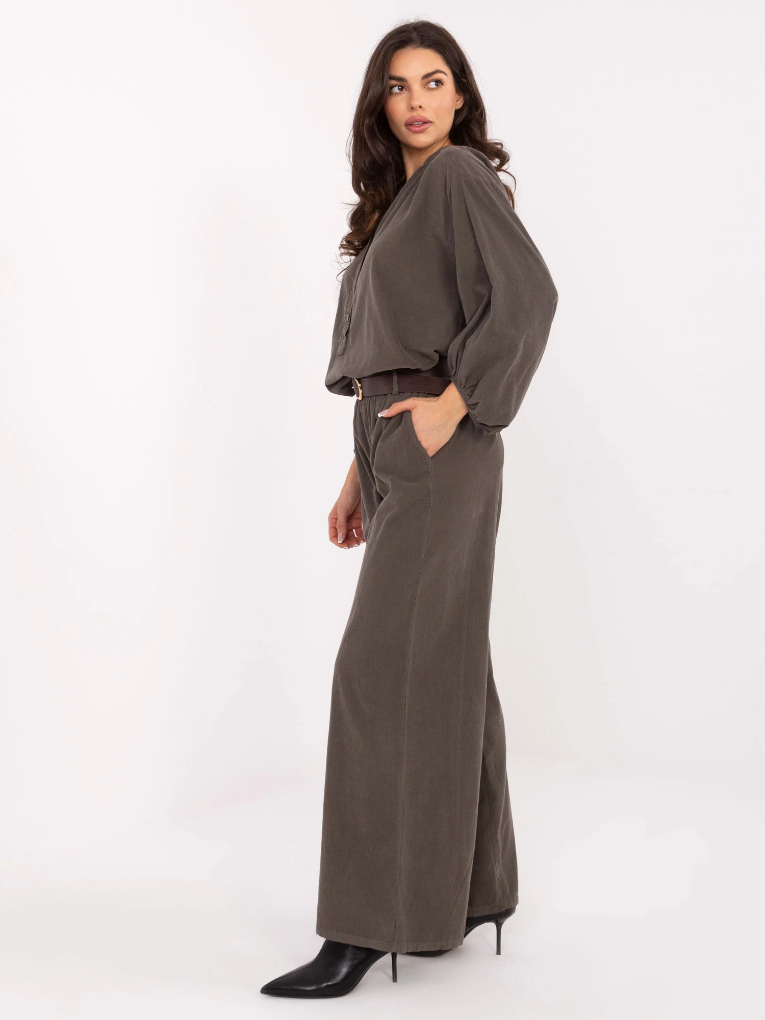 Pantaloni Dama Larga, Guler inalt, ITALY MODA, Khaki Casual - imagine 5