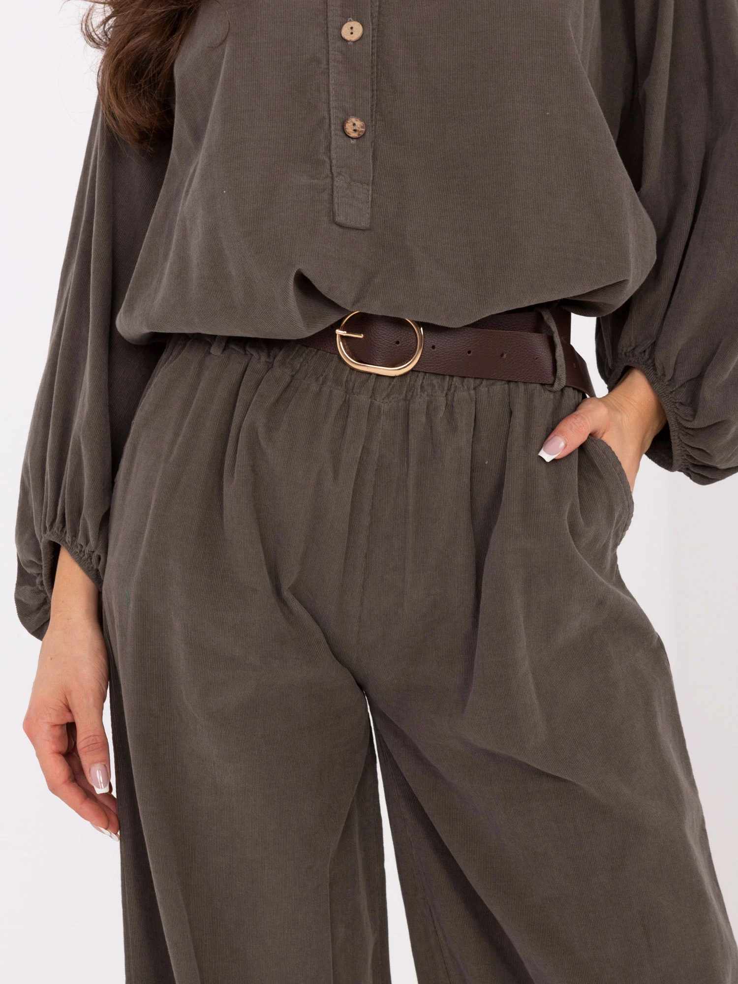 Pantaloni Dama Larga, Guler inalt, ITALY MODA, Khaki Casual - imagine 2