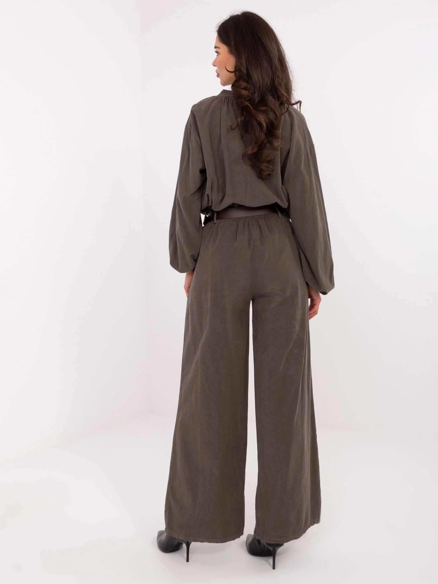 Pantaloni Dama Larga, Guler inalt, ITALY MODA, Khaki Casual - imagine 4