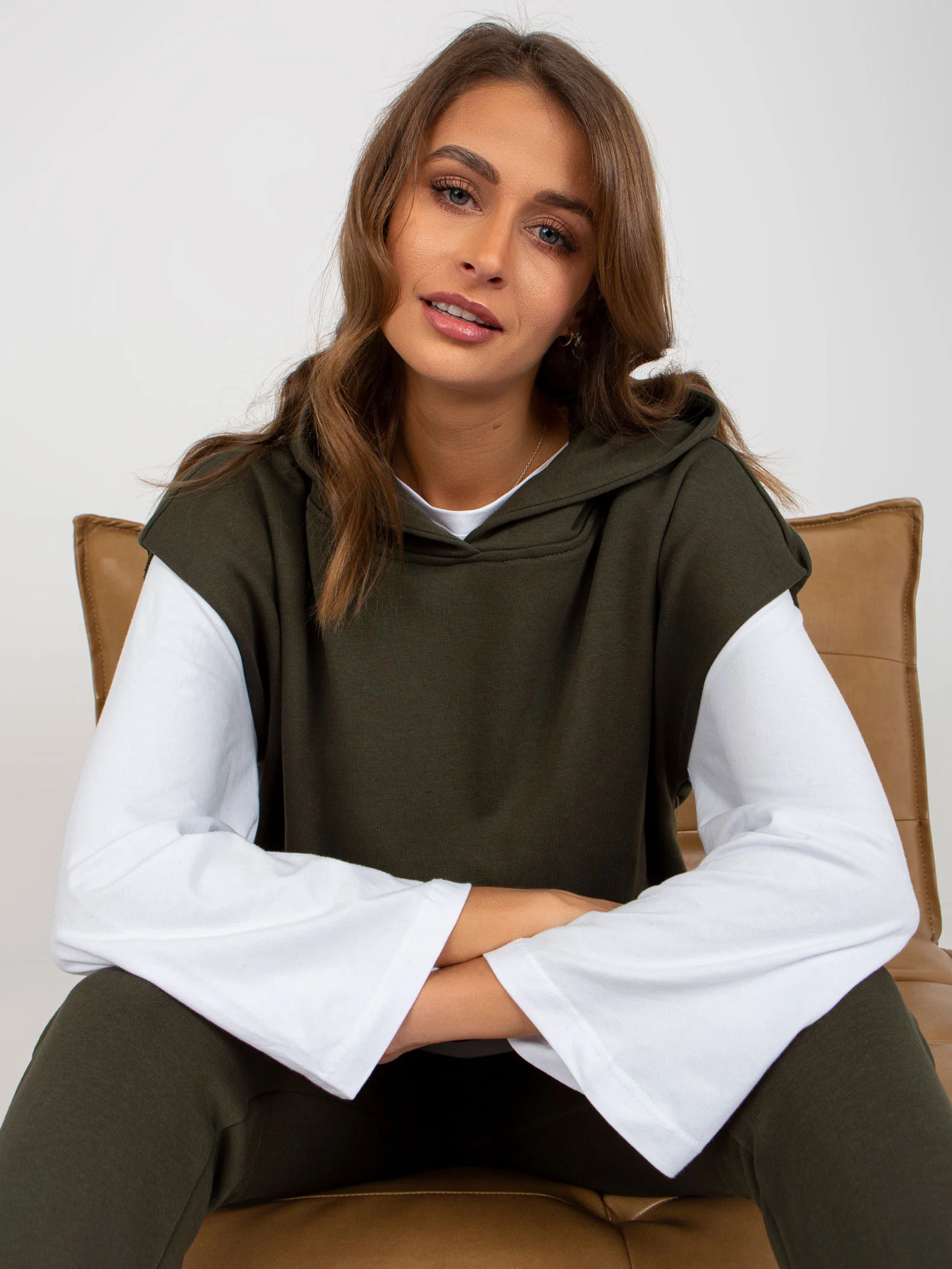 Compleu Dama Mini, Mansete elastice, ex moda, Khaki Casual - imagine 7