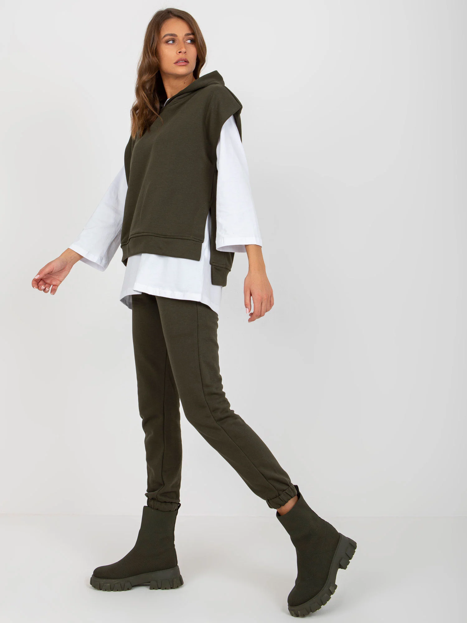Compleu Dama Mini, Mansete elastice, ex moda, Khaki Casual - imagine 5