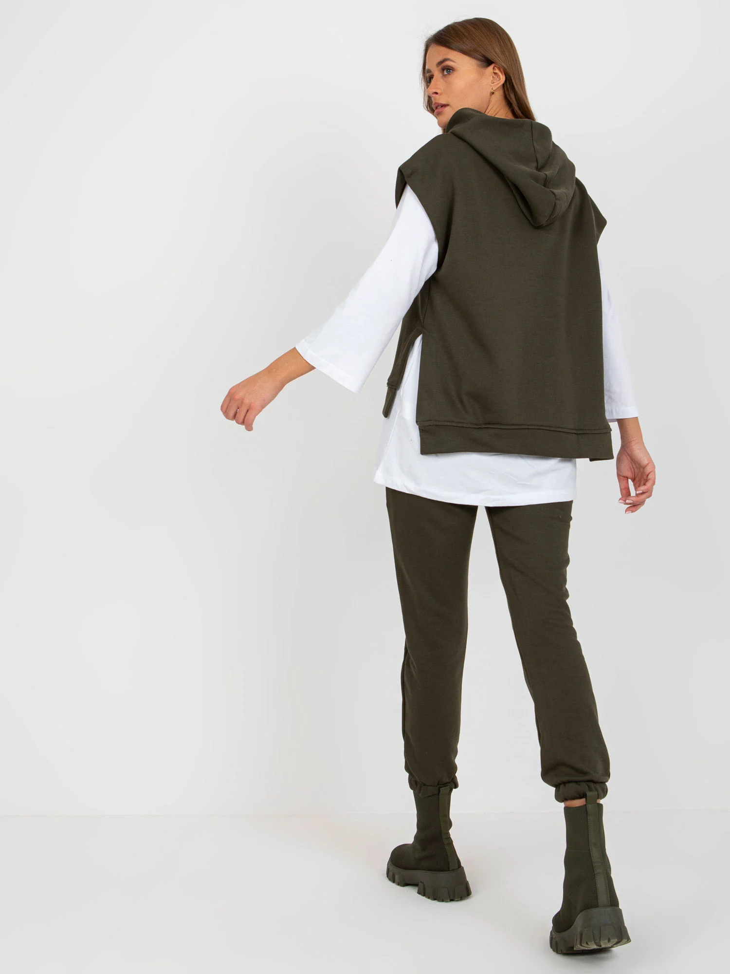 Compleu Dama Mini, Mansete elastice, ex moda, Khaki Casual - imagine 2