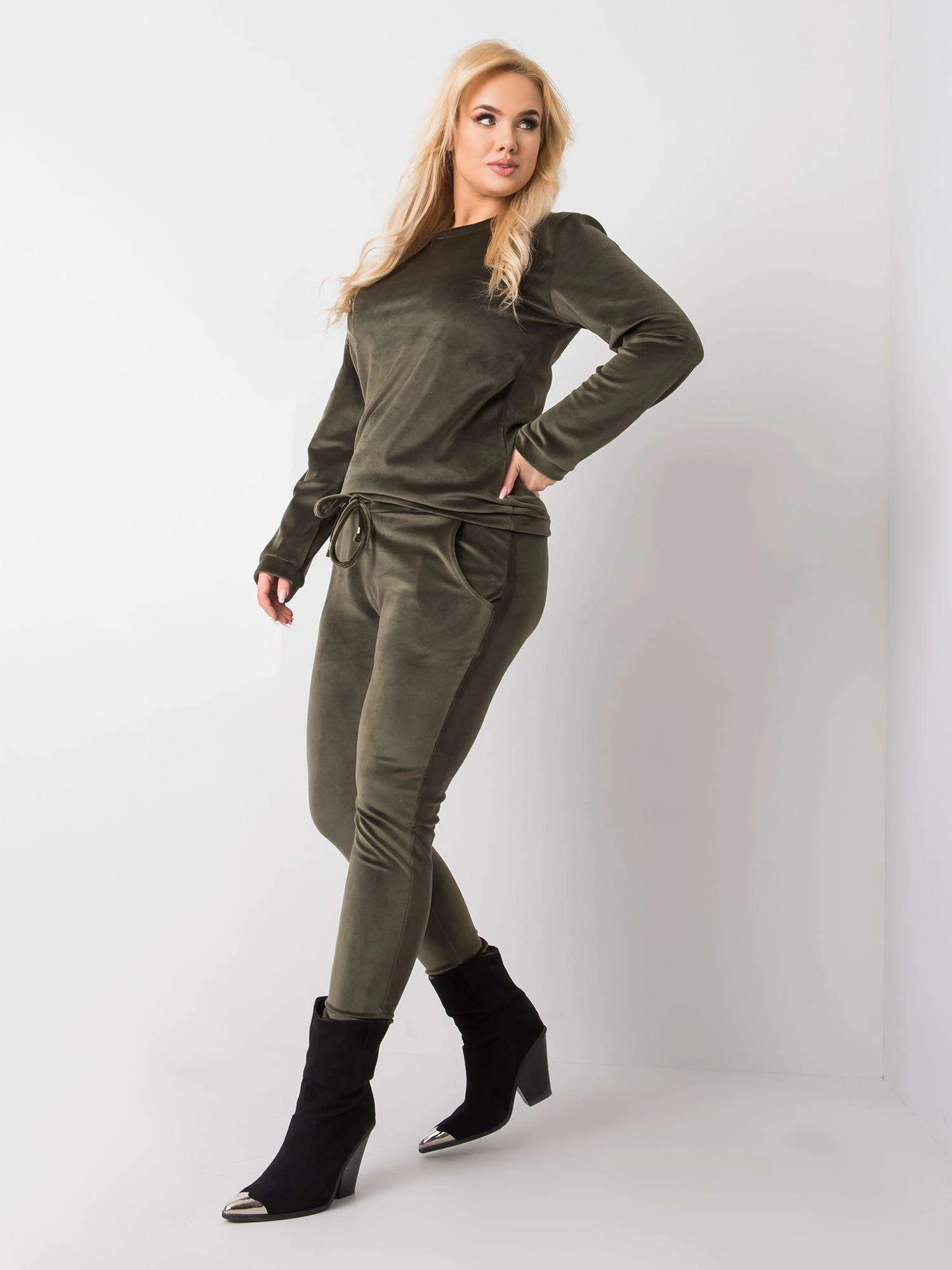 Compleu Dama Maneca lunga, Decolteu rotund, RELEVANCE, Khaki Marimi Mari - imagine 3