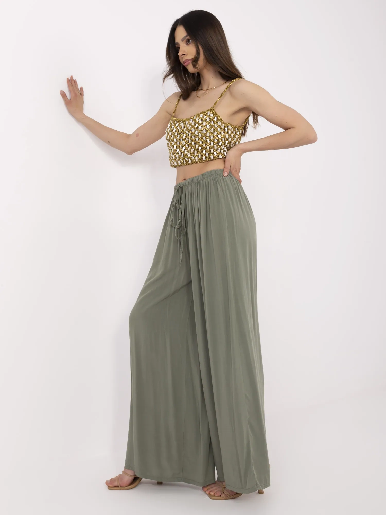 Pantaloni Dama Larga, Guler inalt, ITALY MODA, Khaki Casual - imagine 3