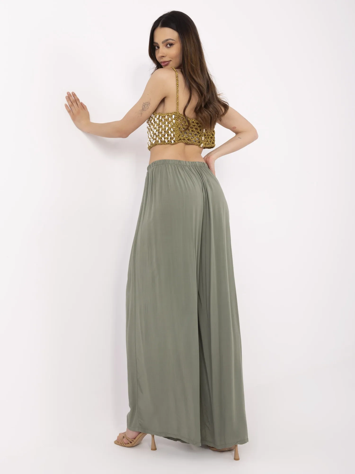 Pantaloni Dama Larga, Guler inalt, ITALY MODA, Khaki Casual - imagine 2