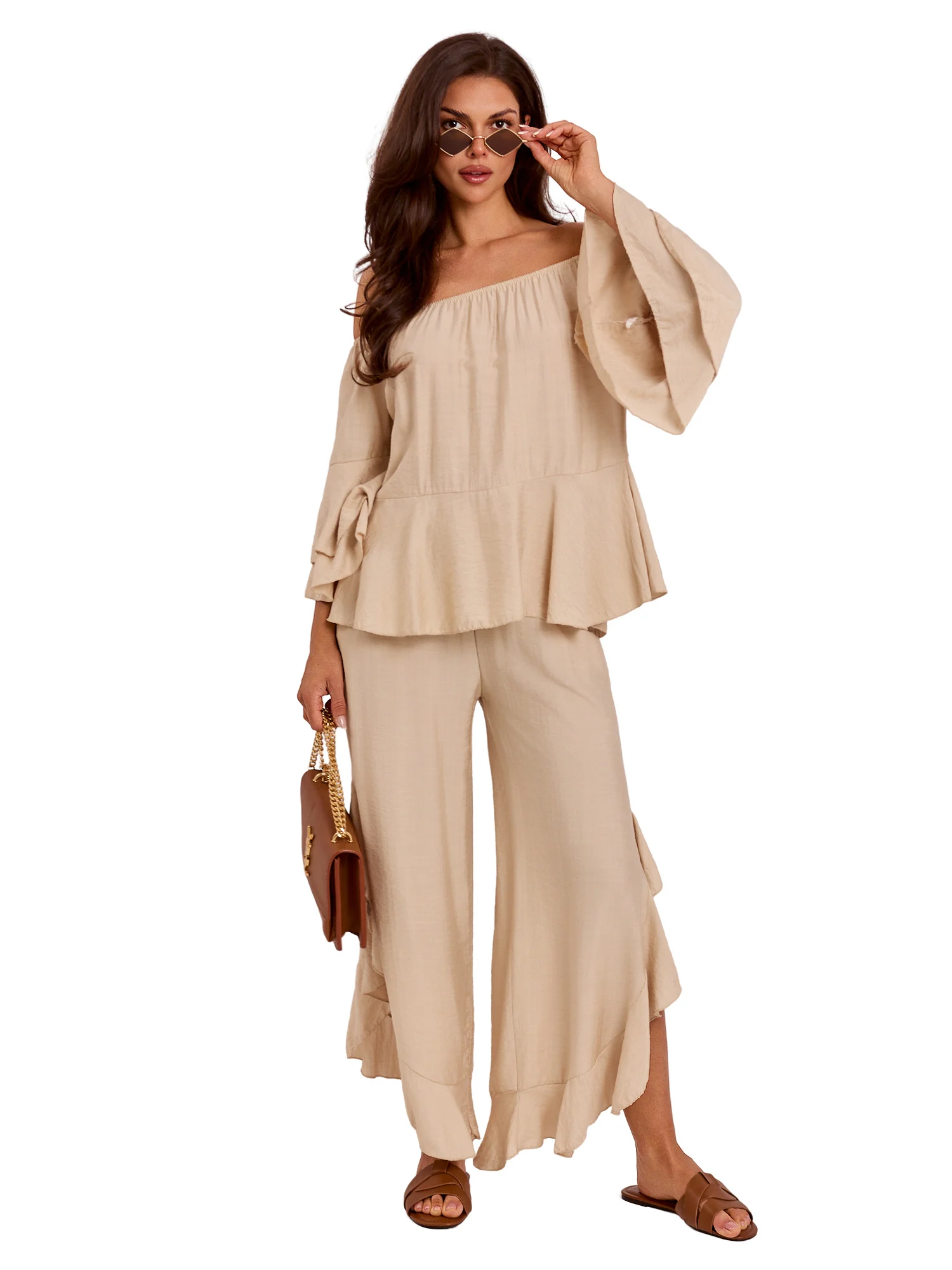 Compleu Dama Maneca 3/4, Guler inalt, RUE PARIS, Bej Eleganta Office - imagine 5