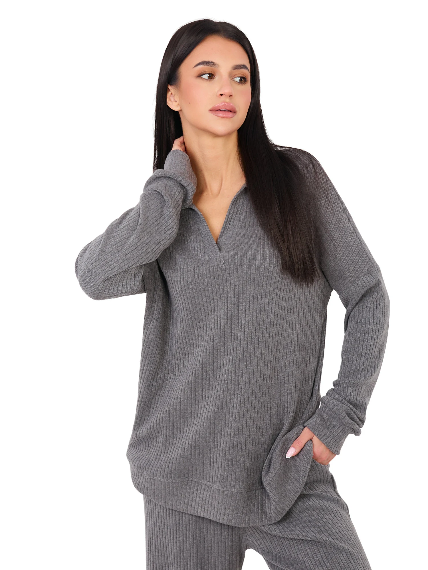 Compleu Dama Maneca lunga, Dungi, LAKERTA, Gri Casual - imagine 2