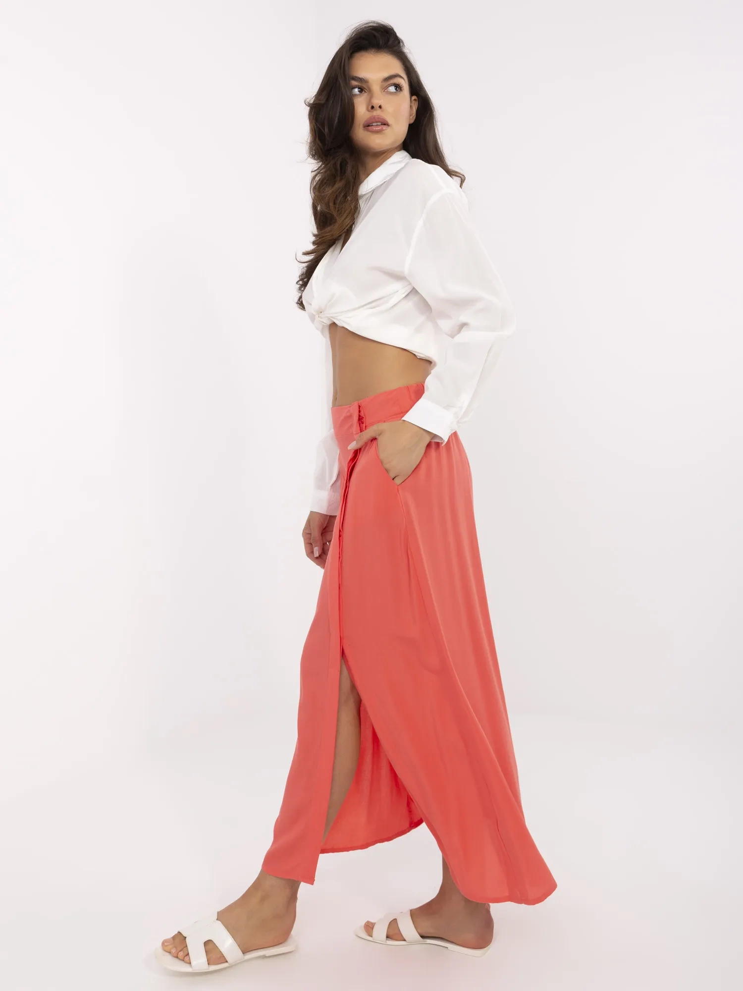 Fusta Dama Midi, Guler inalt, Fresh Made, Coral Eleganta Office - imagine 2