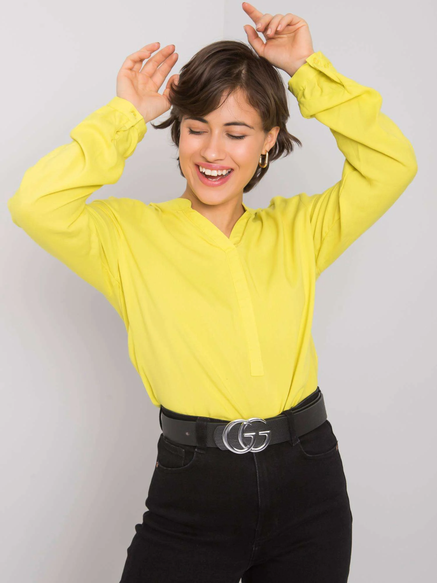 Camasa Dama Maneca lunga, Decolteu in V, RUE PARIS, Lime Eleganta Office - imagine 4