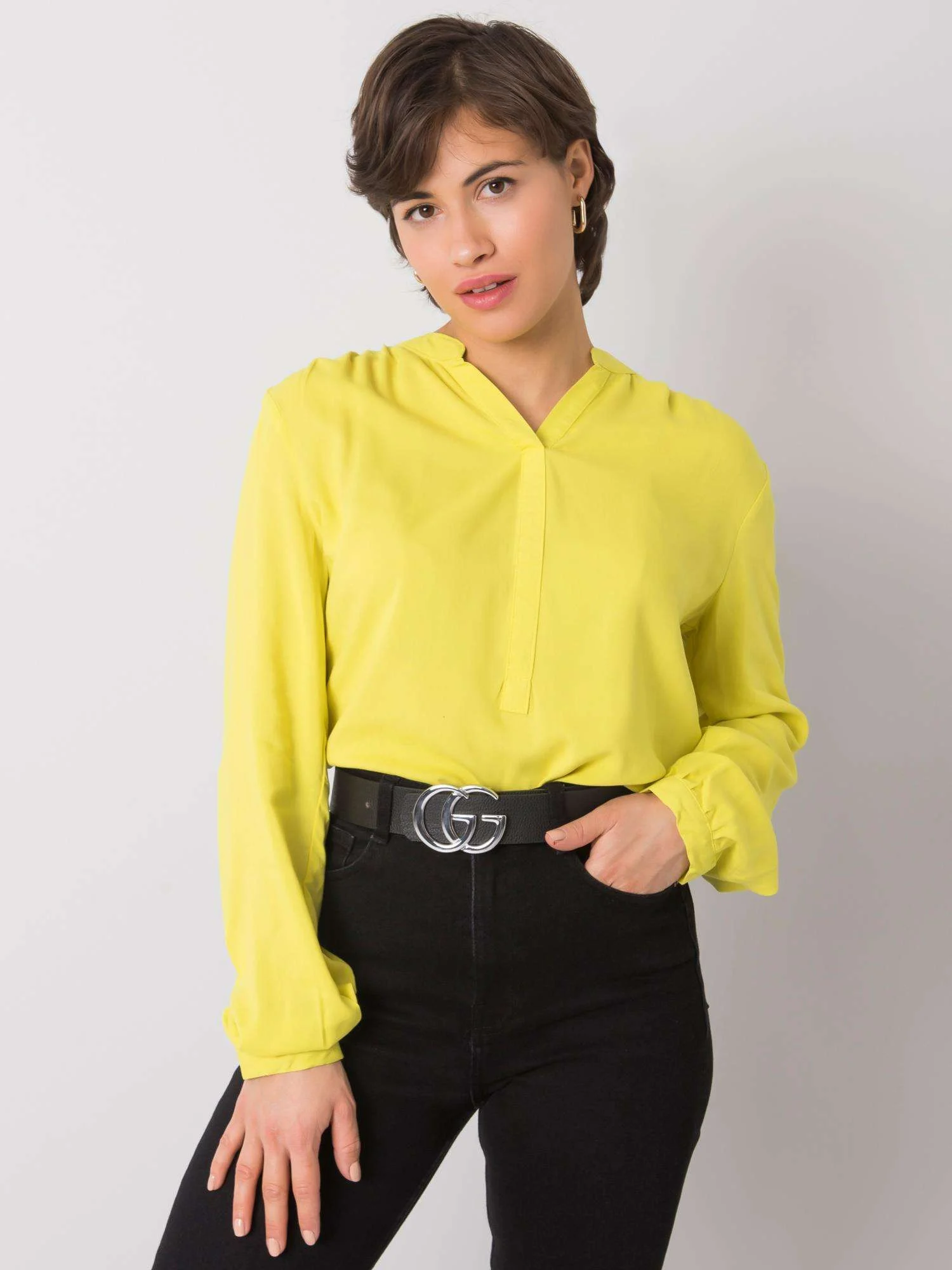 Camasa Dama Maneca lunga, Decolteu in V, RUE PARIS, Lime Eleganta Office - imagine 5