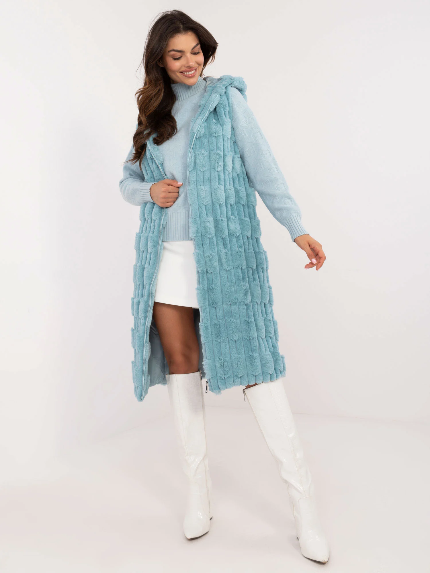 Vesta Dama Sub genunchi, Guler inalt, Wool Fashion Italia, Menta Eleganta Office - imagine 4