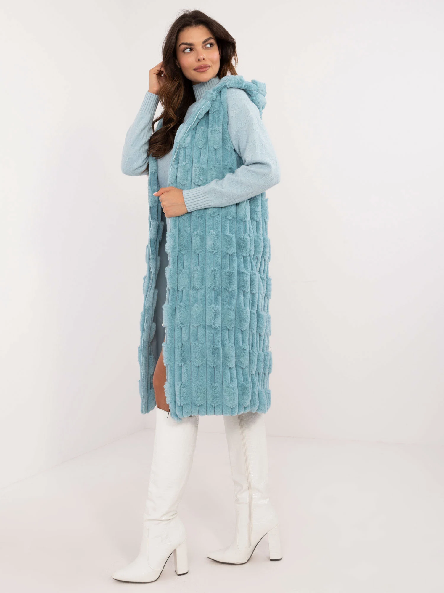 Vesta Dama Sub genunchi, Guler inalt, Wool Fashion Italia, Menta Eleganta Office - imagine 5
