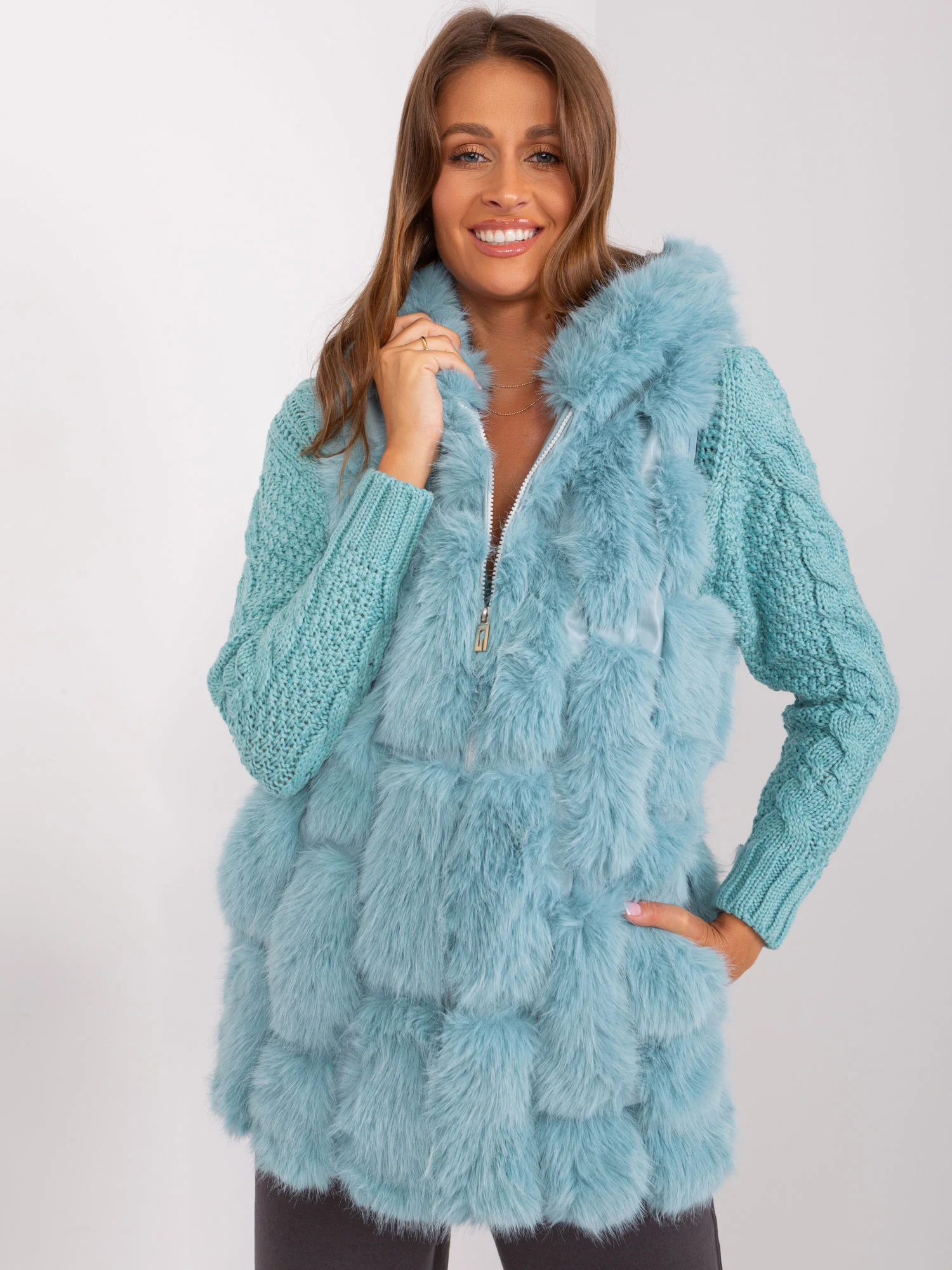 Vesta Dama Fara maneci, Guler inalt, Wool Fashion Italia, Menta Casual Marimi Mari - imagine 2