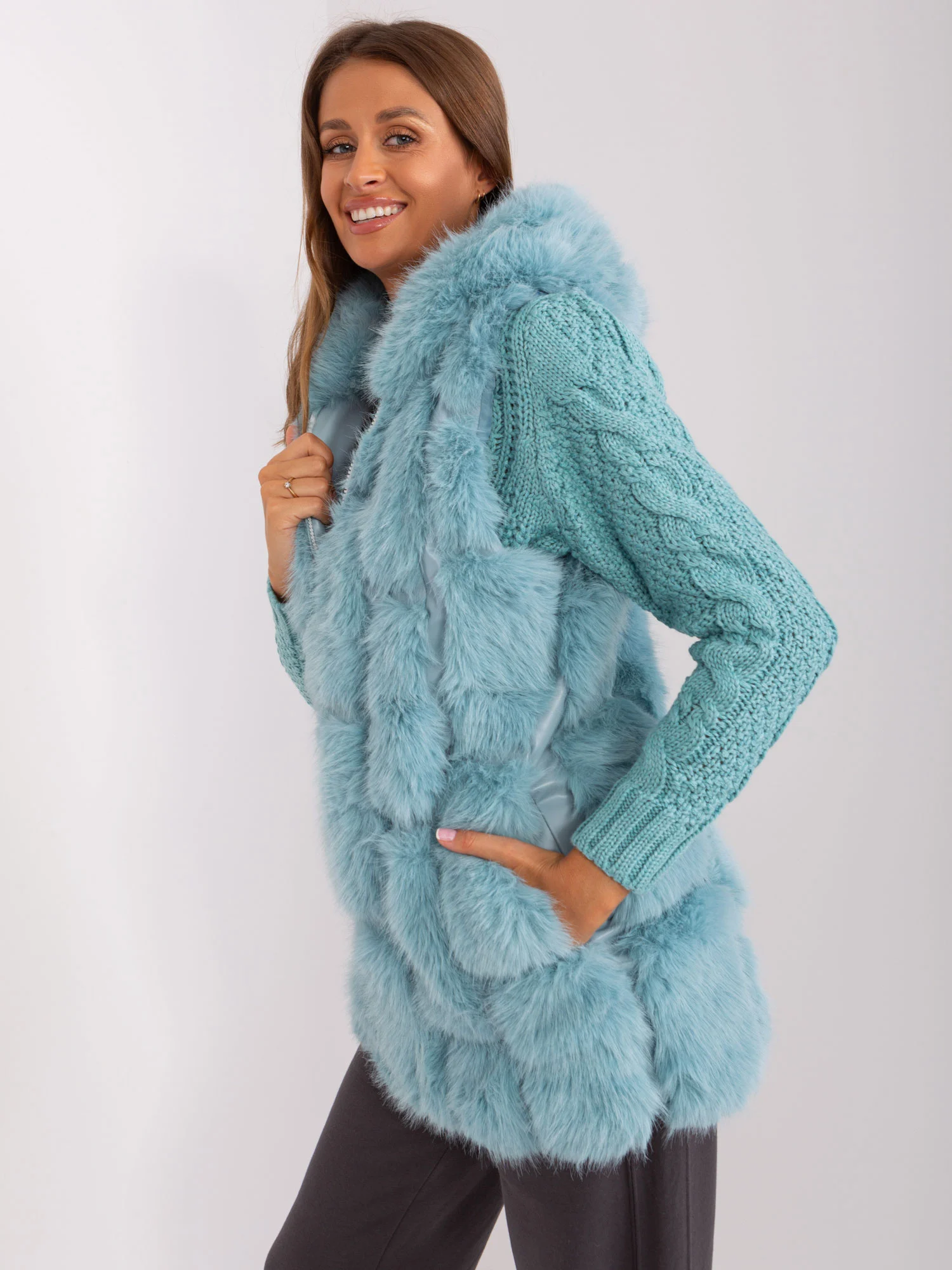 Vesta Dama Fara maneci, Guler inalt, Wool Fashion Italia, Menta Casual Marimi Mari - imagine 3