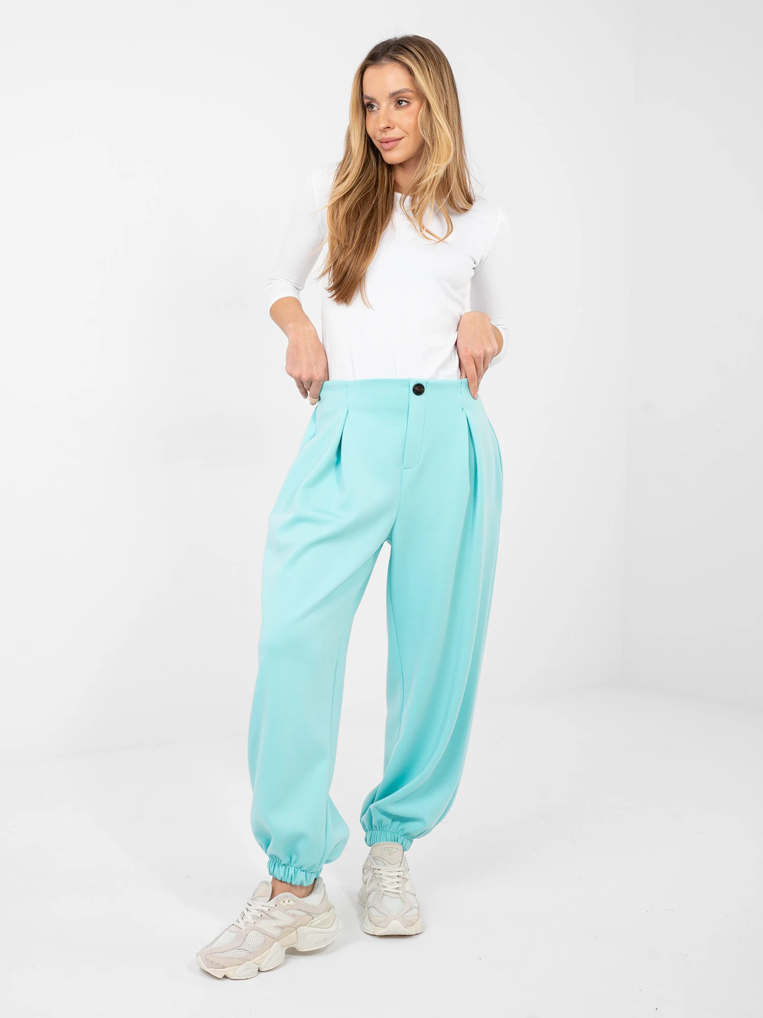 Pantaloni Dama Mansete elastice, Guler inalt, ITALY MODA, Menta Eleganta Office - imagine 2