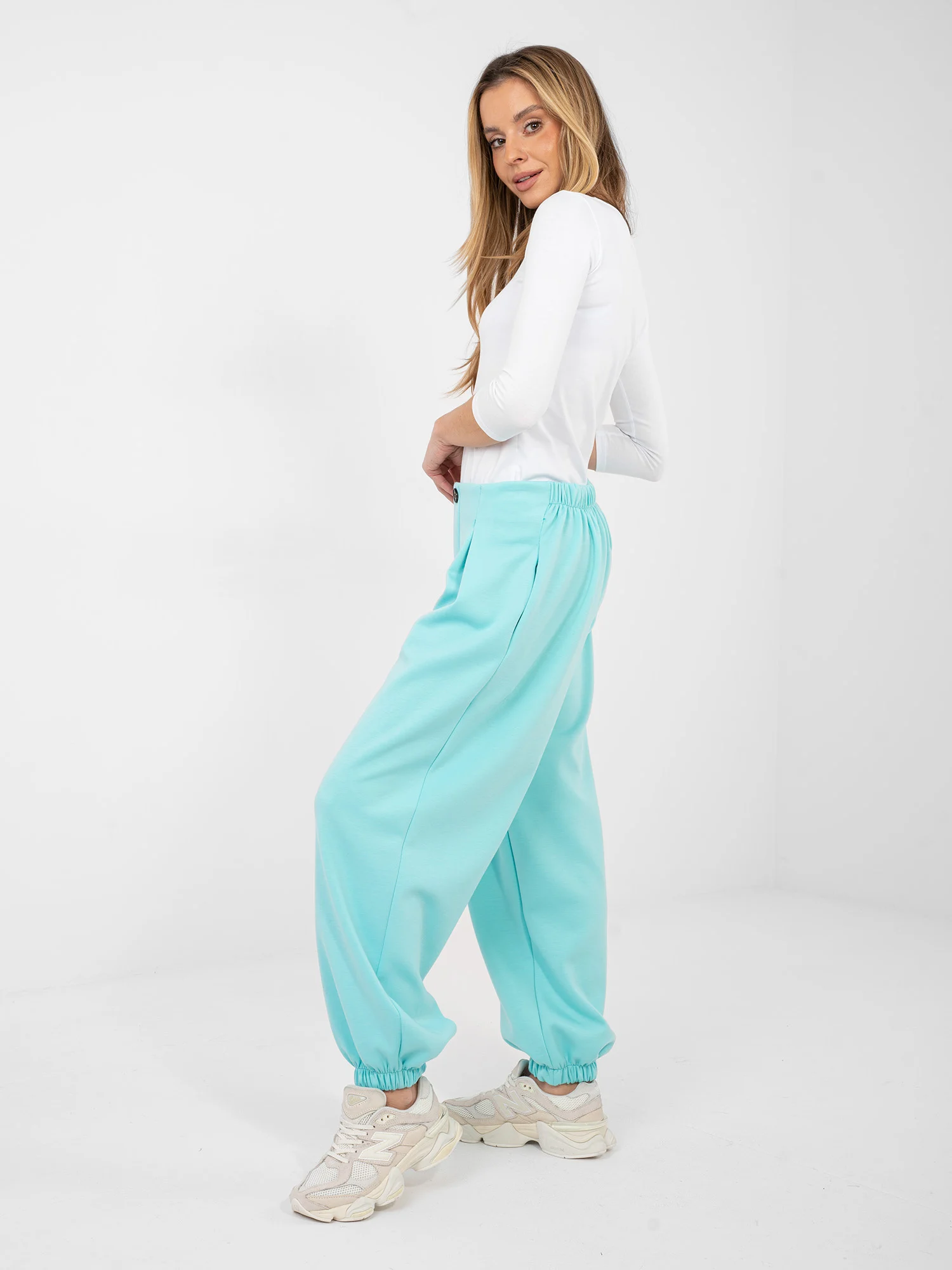 Pantaloni Dama Mansete elastice, Guler inalt, ITALY MODA, Menta Eleganta Office - imagine 6