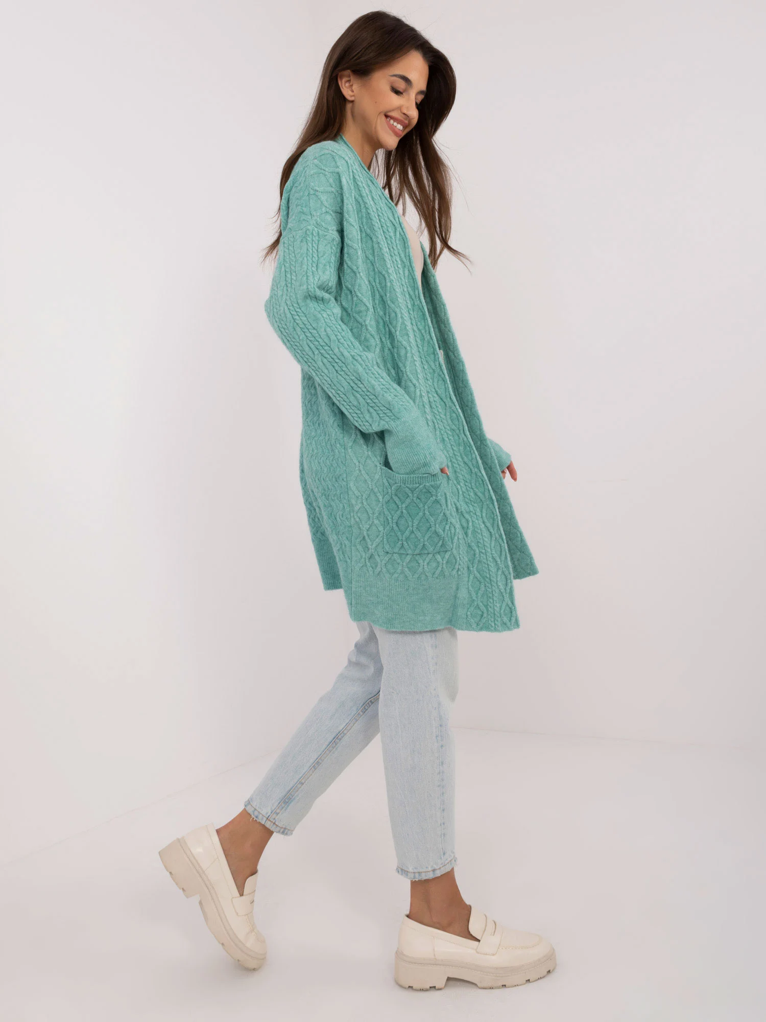 Cardigan Dama Maneca lunga, Guler inalt, Wool Fashion Italia, Menta Casual - imagine 2