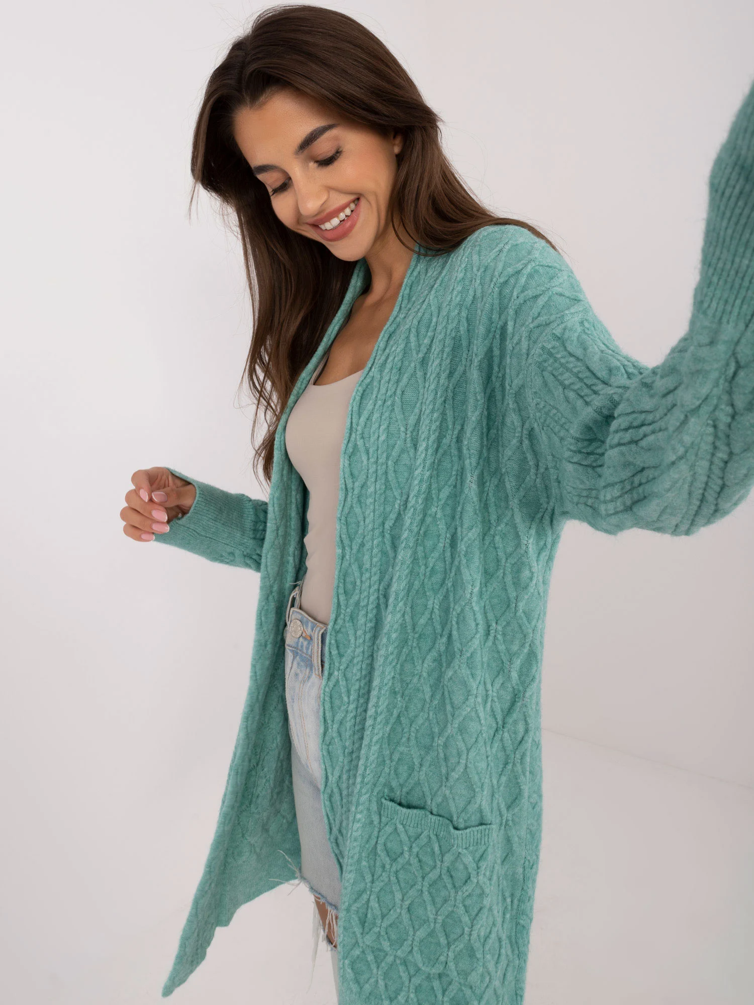 Cardigan Dama Maneca lunga, Guler inalt, Wool Fashion Italia, Menta Casual - imagine 4