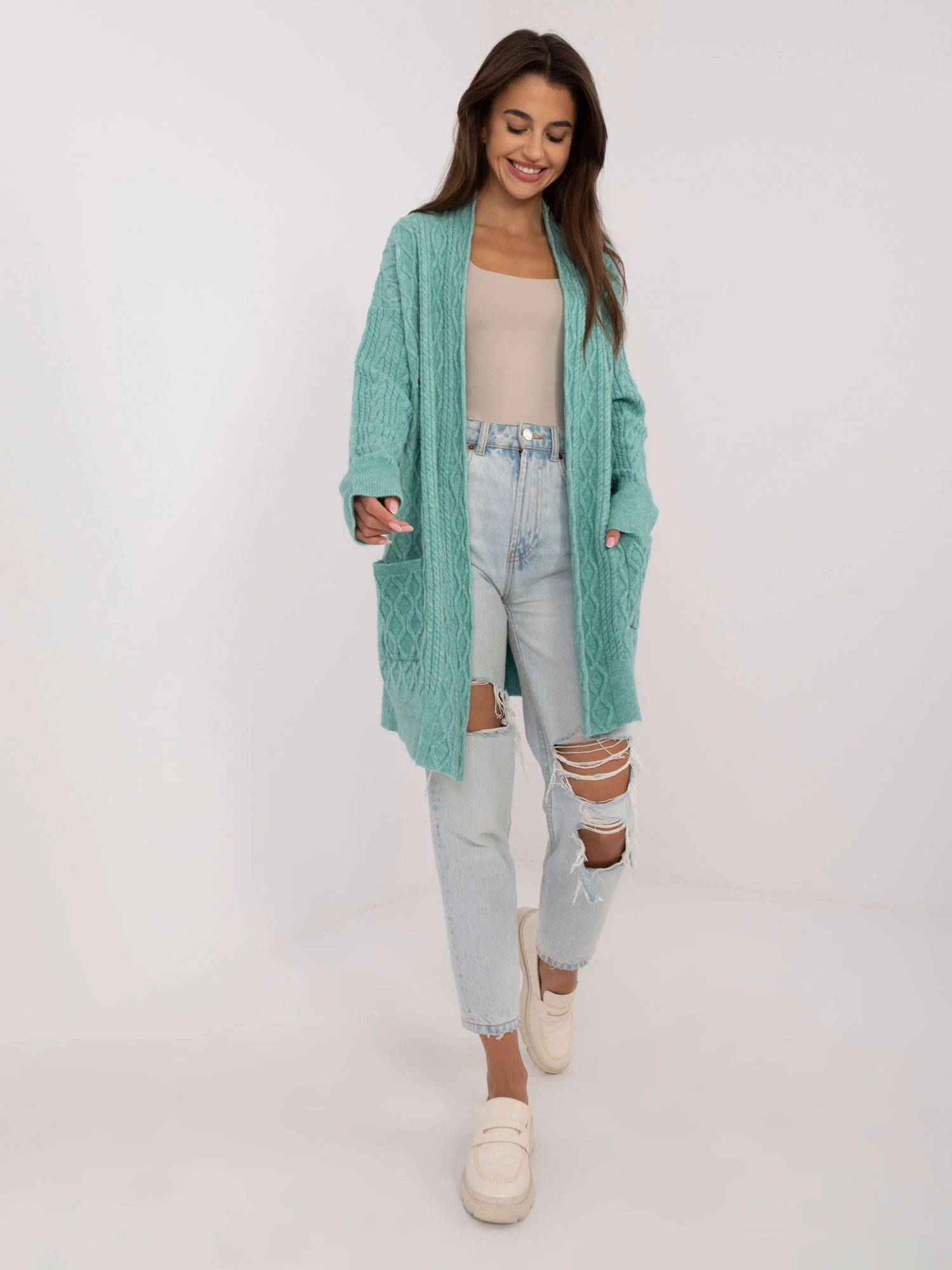 Cardigan Dama Maneca lunga, Guler inalt, Wool Fashion Italia, Menta Casual - imagine 3