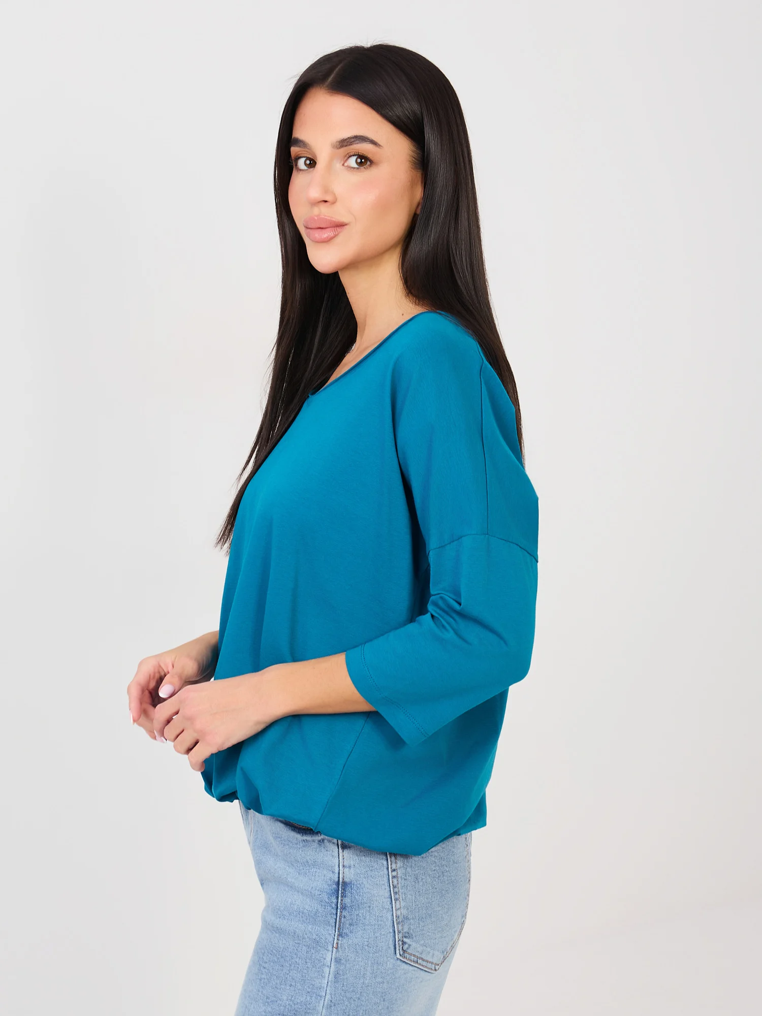 Bluza Dama Maneca 3/4, Decolteu rotund, RUE PARIS, Verde Casual - imagine 6