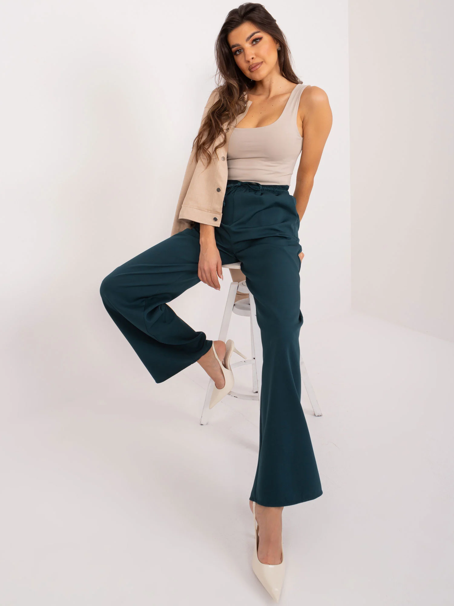 Pantaloni Dama Elegant, Guler inalt, LAKERTA, Verde Eleganta Office - imagine 6