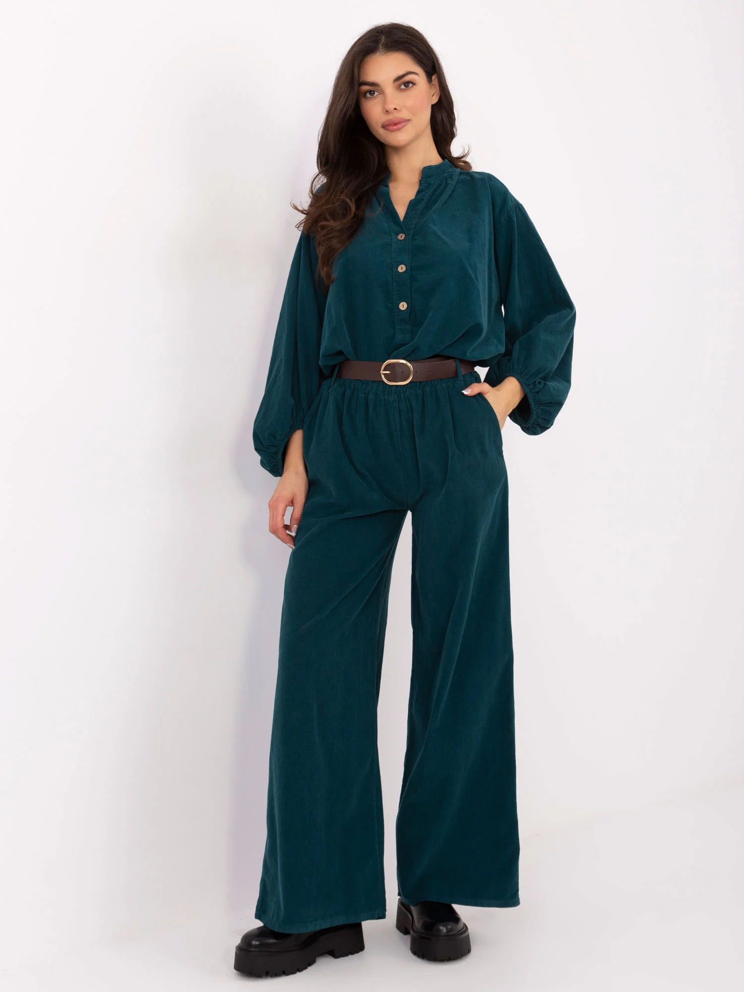 Pantaloni Dama Larga, Guler inalt, ITALY MODA, Verde Casual - imagine 2