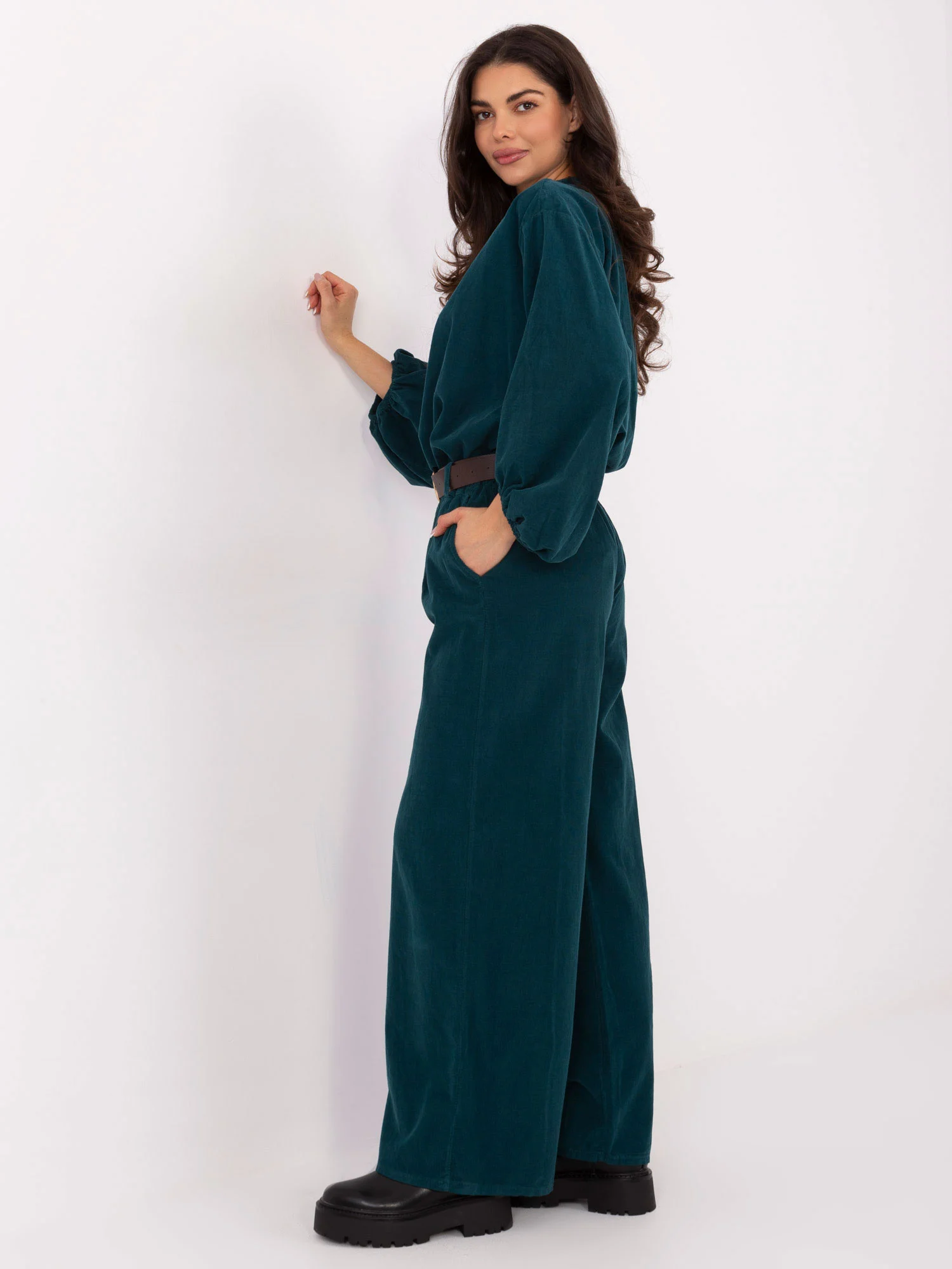 Pantaloni Dama Larga, Guler inalt, ITALY MODA, Verde Casual - imagine 4