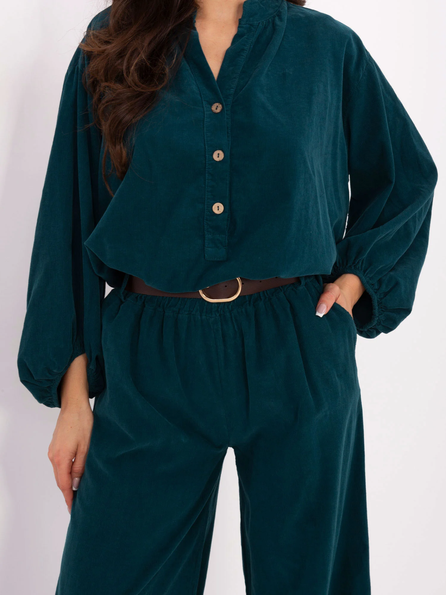 Pantaloni Dama Larga, Guler inalt, ITALY MODA, Verde Casual - imagine 5